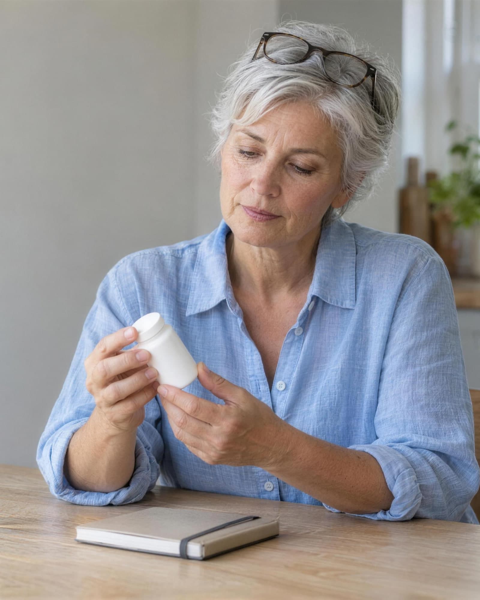 A woman with short silver hair, glasses pushed up on her head, looking at a small plain white bottle in her hands at an oak table, a notebook in front of her.