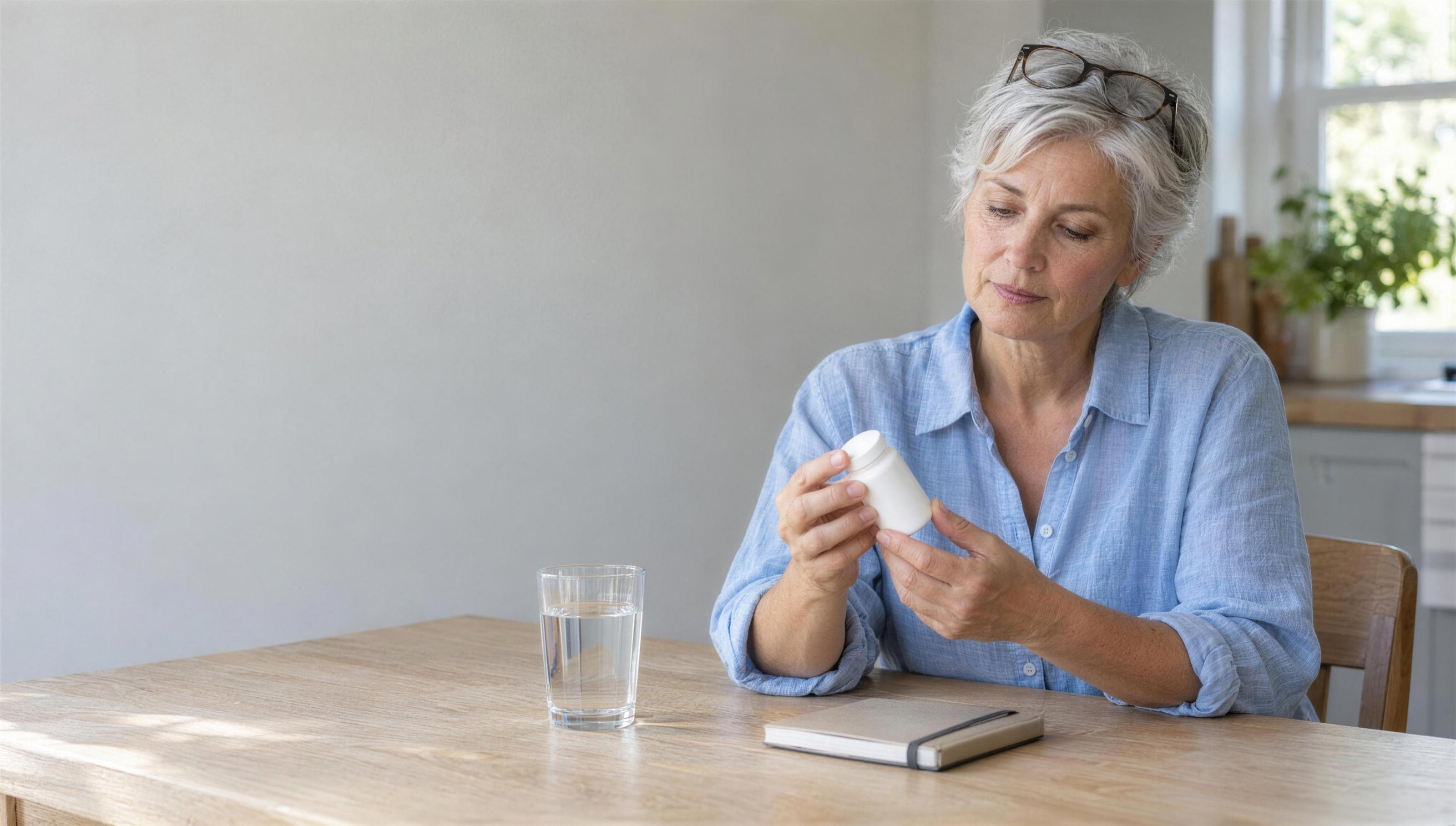 A woman with short silver hair, glasses pushed up on her head, looking at a small plain white bottle in her hands at an oak table, a glass of water and a notebook in front of her.