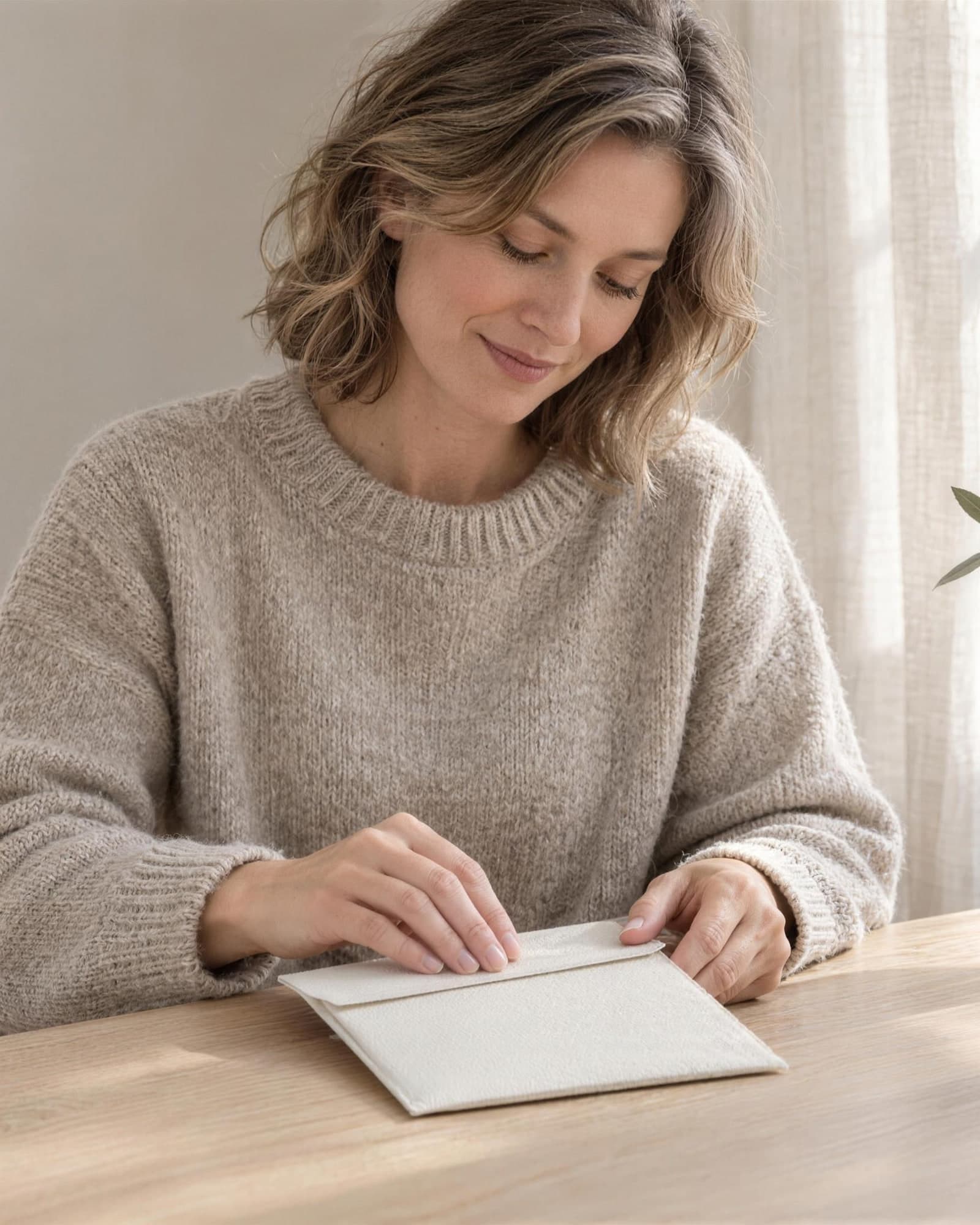 A woman in an oatmeal sweater at an oak desk by a window, smiling as she presses closed the flap of a plain off-white envelope.