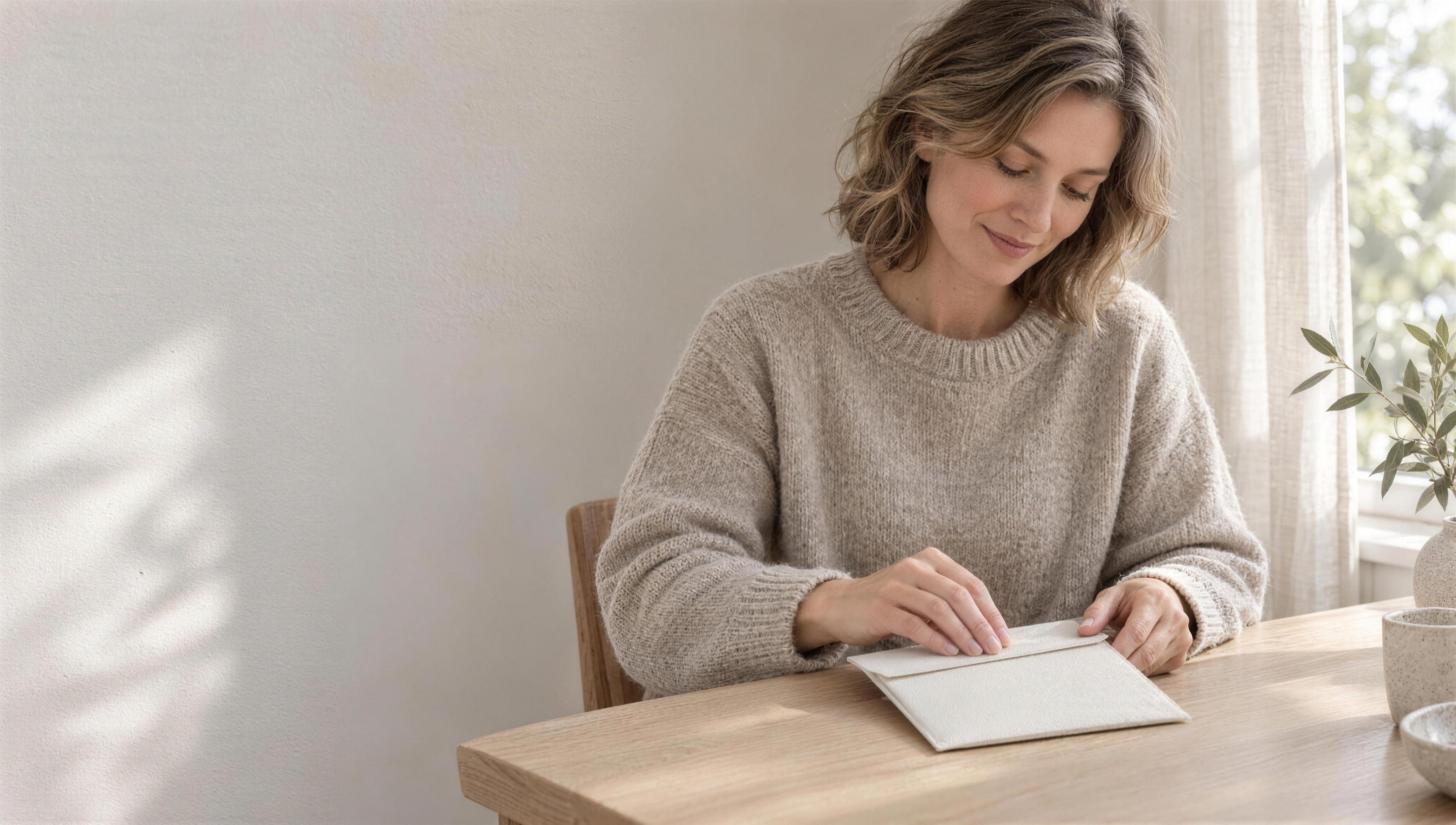 A woman in an oatmeal sweater at an oak desk by a window, smiling as she presses closed the flap of a plain off-white envelope.