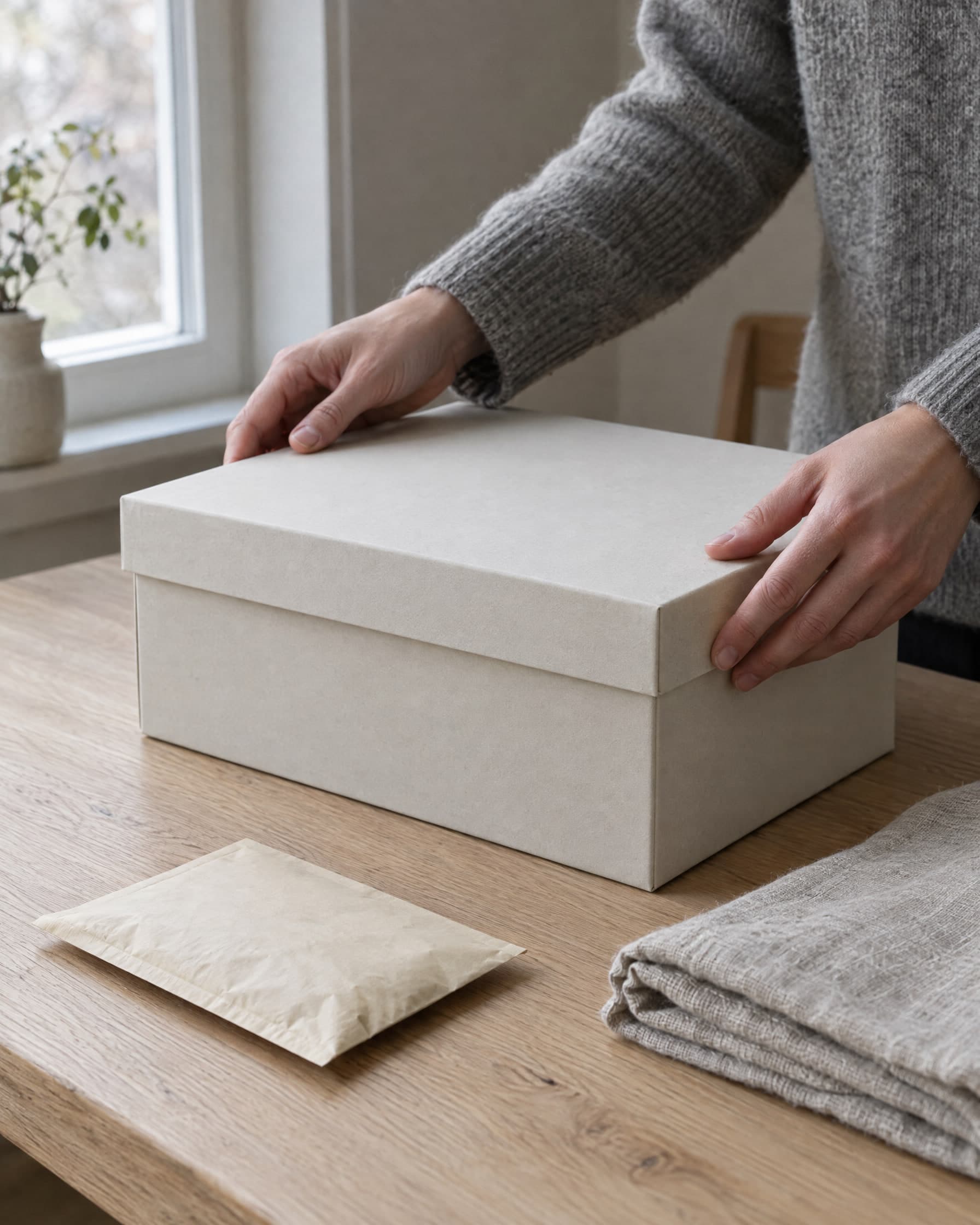 Two hands in a grey sweater closing the lid of a plain off-white storage box on an oak table, a small padded envelope and a folded linen cloth beside it.