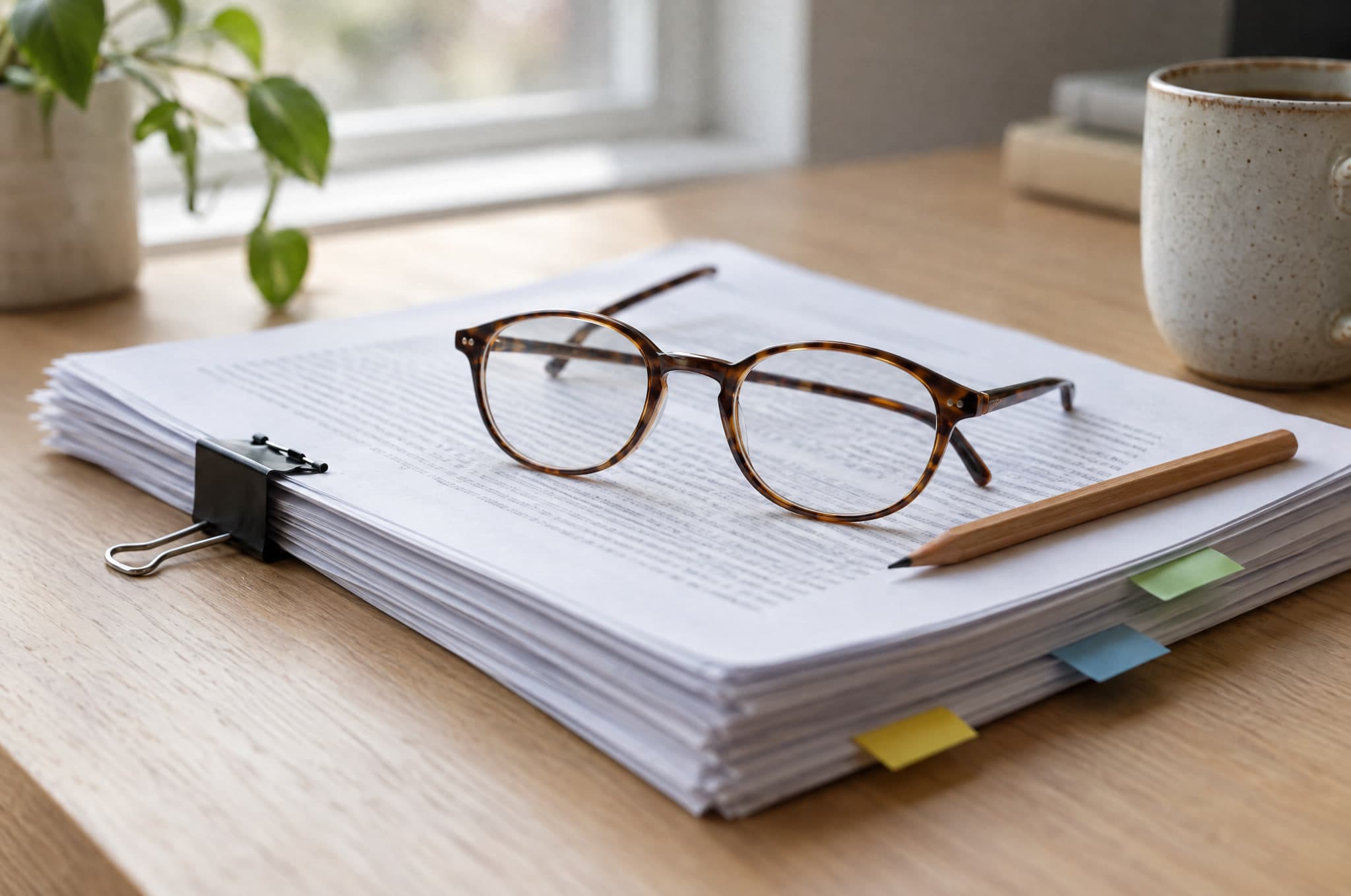 A stack of printed papers held with a binder clip on an oak desk, a pair of tortoiseshell glasses and a pencil resting on top, coloured page tabs along the edge.