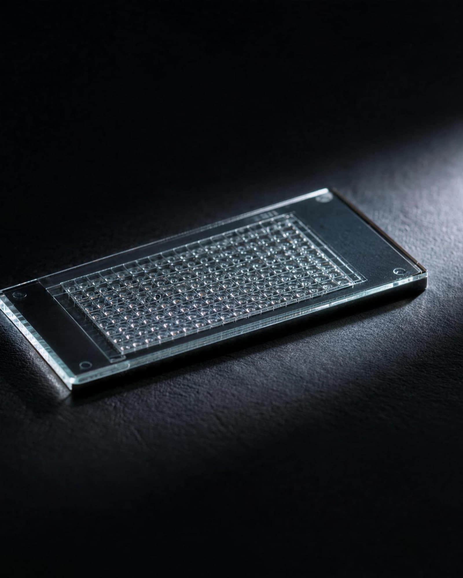 A clear glass slide etched with a grid of tiny wells, lying in a narrow beam of cool light on a dark surface.