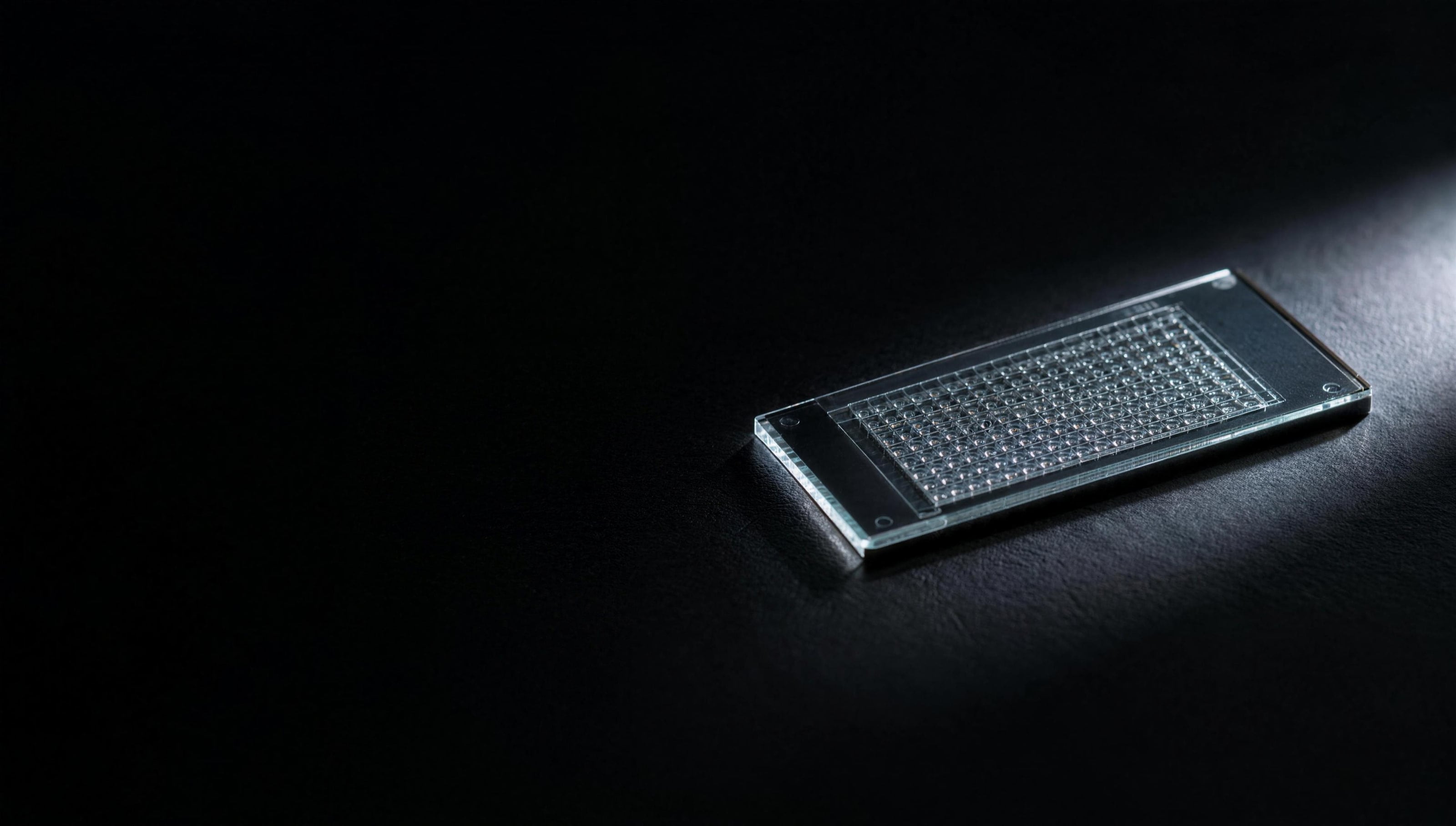 A clear glass slide etched with a grid of tiny wells, lying in a narrow beam of cool light on a dark surface.