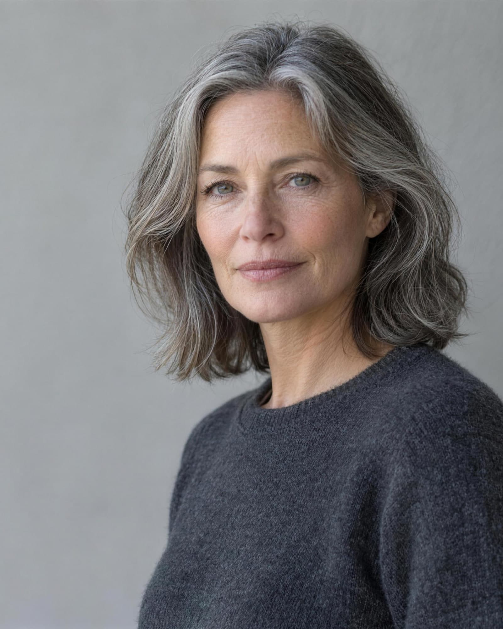 A woman in her early fifties with shoulder-length grey hair and a charcoal sweater, looking calmly at the camera against a pale grey wall.