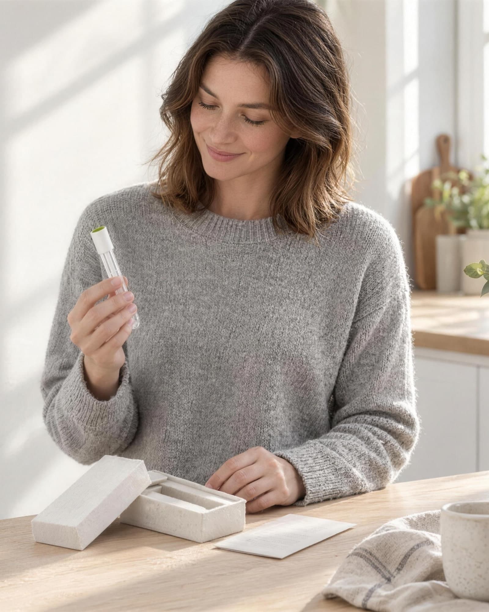 A woman at a sunlit oak kitchen island, smiling at the green-capped collection tube in her hand, the kit box open in front of her.