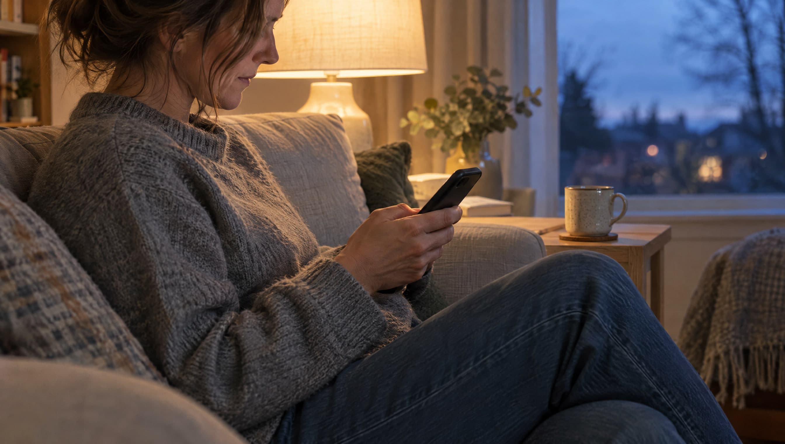 A woman in a grey knit sweater on a linen sofa at dusk, reading on her phone under a lamp.