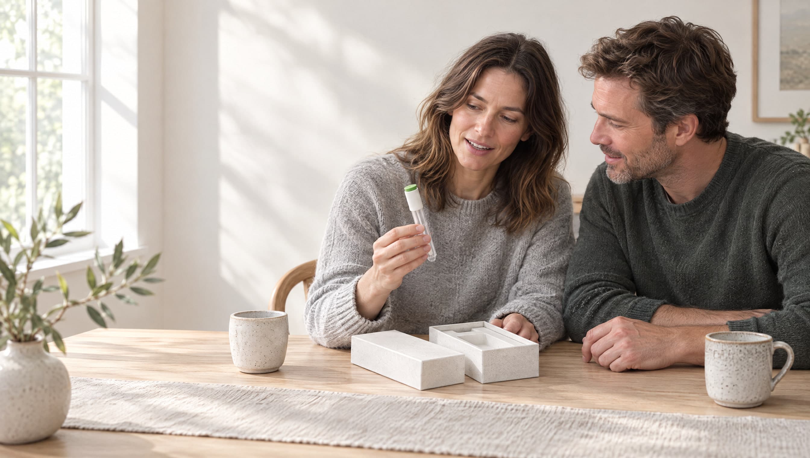 A couple at a dining table in morning light, the kit box open between them; she holds up the collection tube as he looks on.