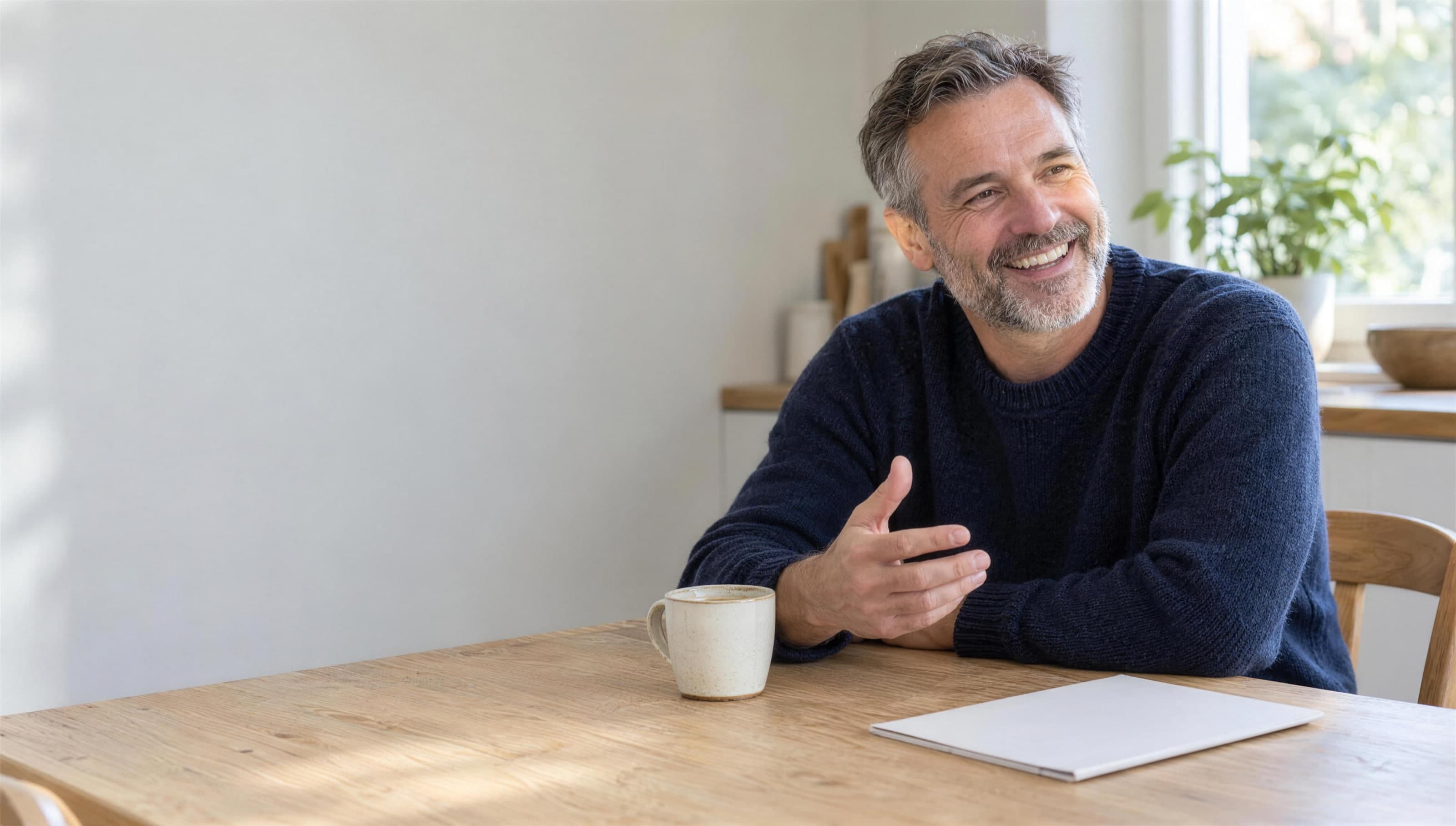 A man with a grey beard laughing mid-conversation at a kitchen table, a cup of coffee and a closed report beside him.