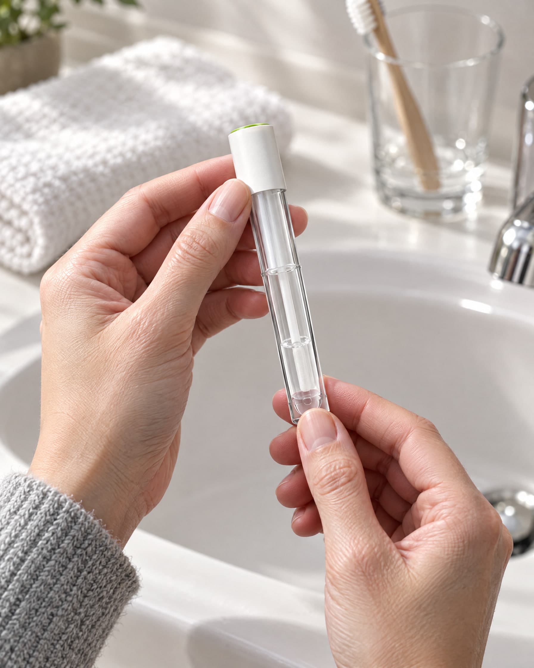 Hands holding a small clear collection tube with a white cap above a bathroom sink.