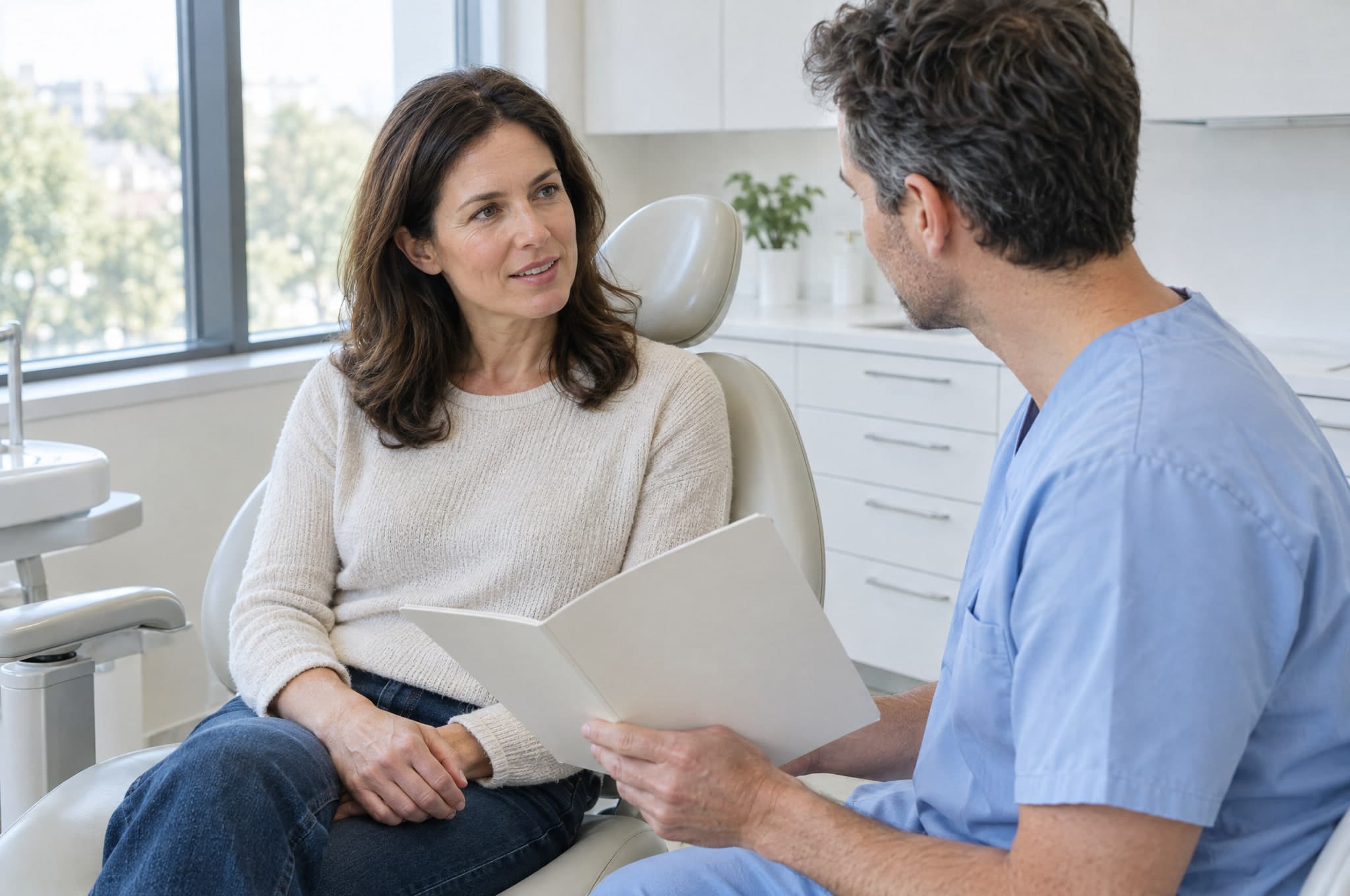 A woman in a dental chair talking with her dentist, who holds an open report between them.