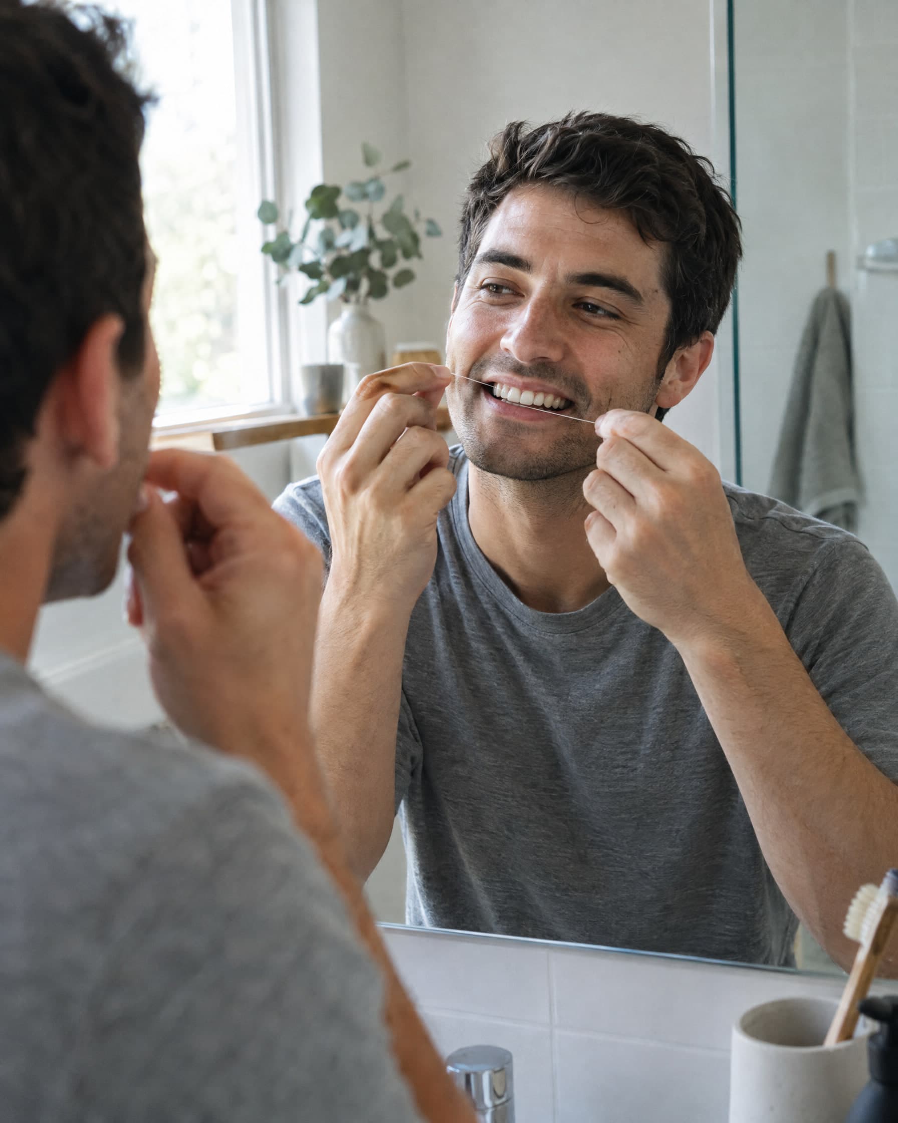 A man flossing at a bathroom mirror with a slight grin.