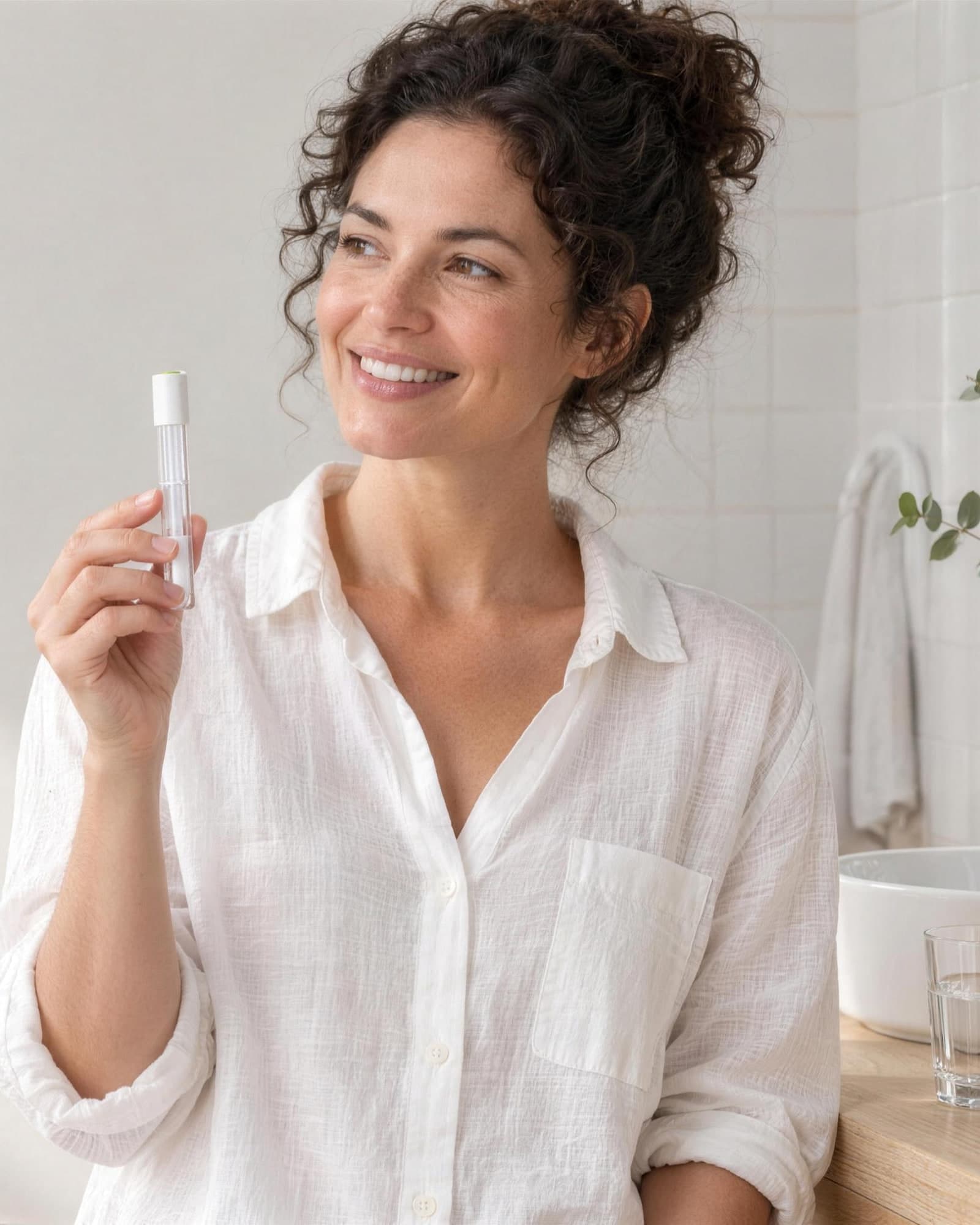 A woman at a bathroom vanity in morning light, smiling as she holds up a small clear collection tube.