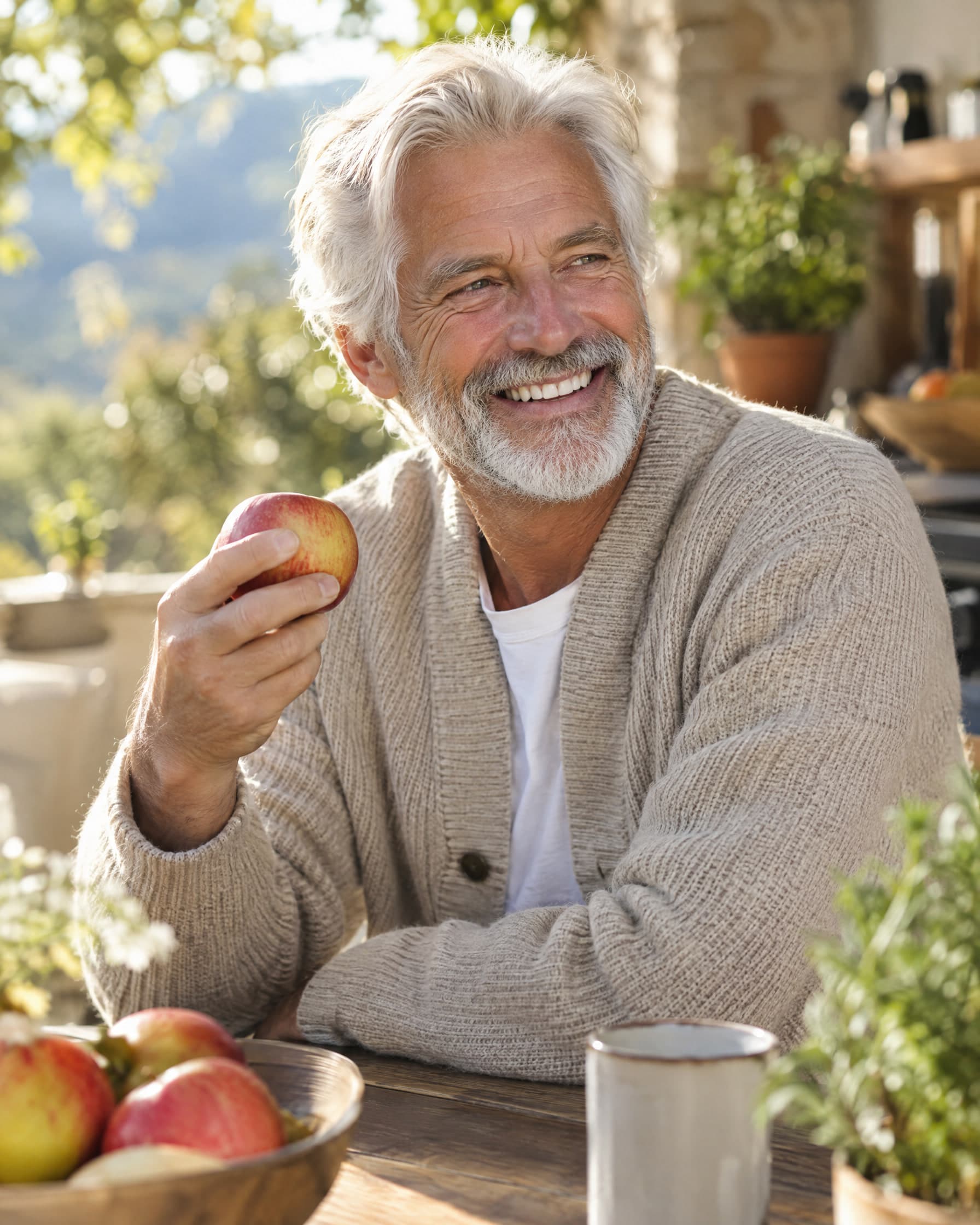 An older man with a white beard smiling in the sun, an apple in his hand.