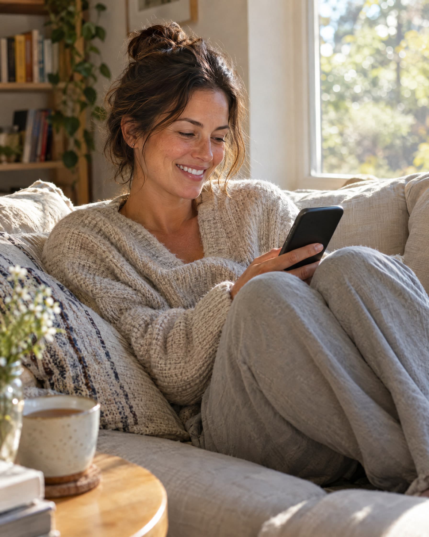 A woman curled up on a sofa by a sunny window, smiling at her phone.