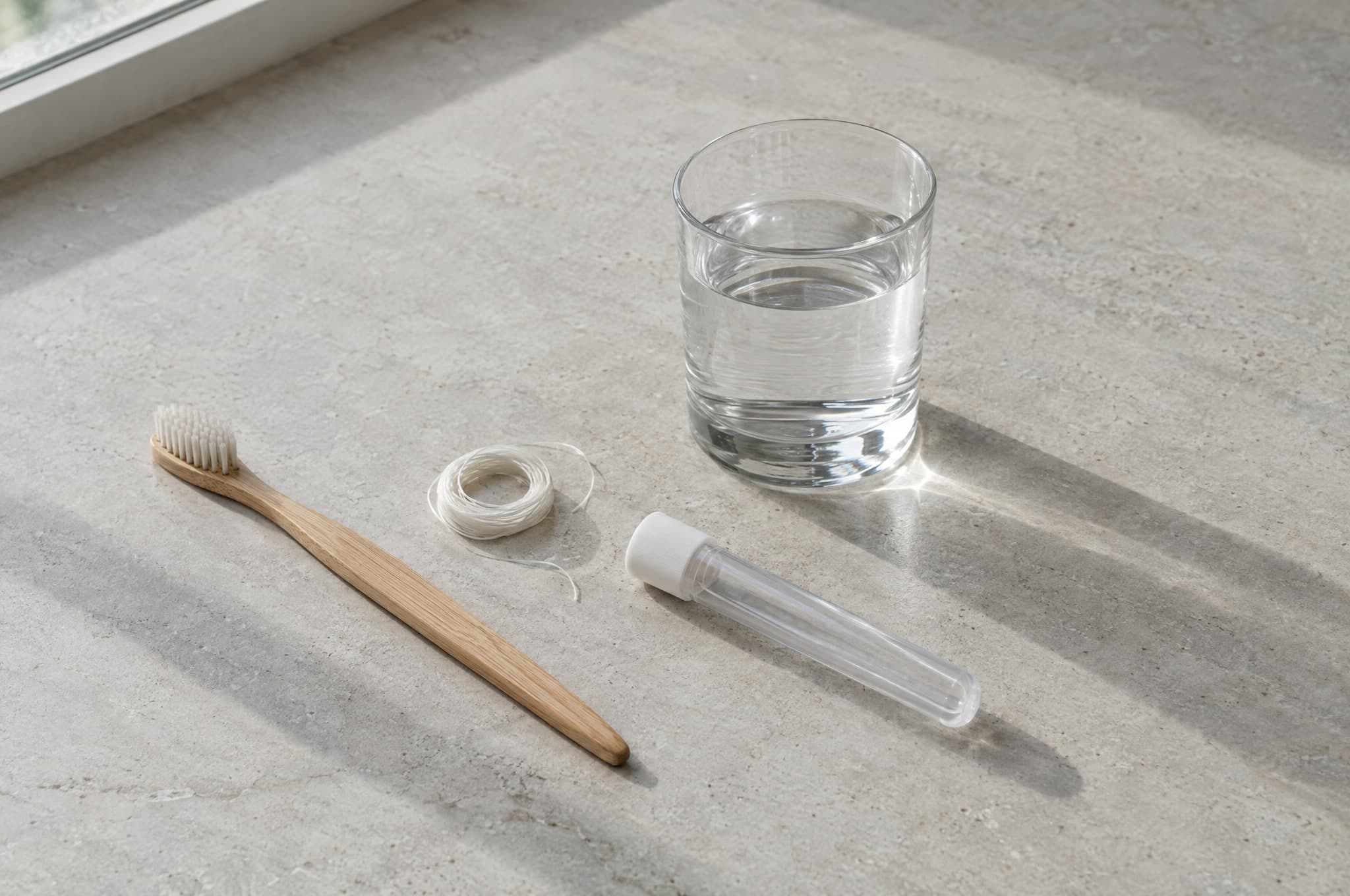 A bamboo toothbrush, dental floss, a glass of water and a small collection tube on a stone surface.