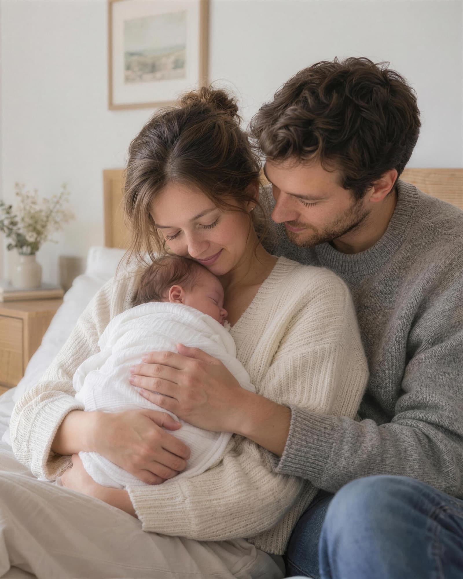 A couple sitting on a bed, cradling their sleeping newborn wrapped in white muslin, their foreheads close together.