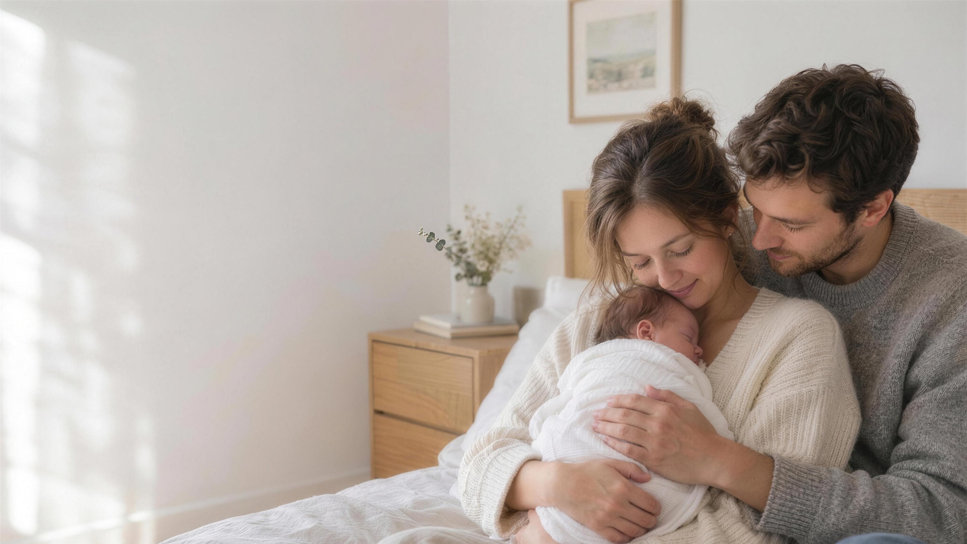 A couple sitting on a bed, cradling their sleeping newborn wrapped in white muslin, their foreheads close together.