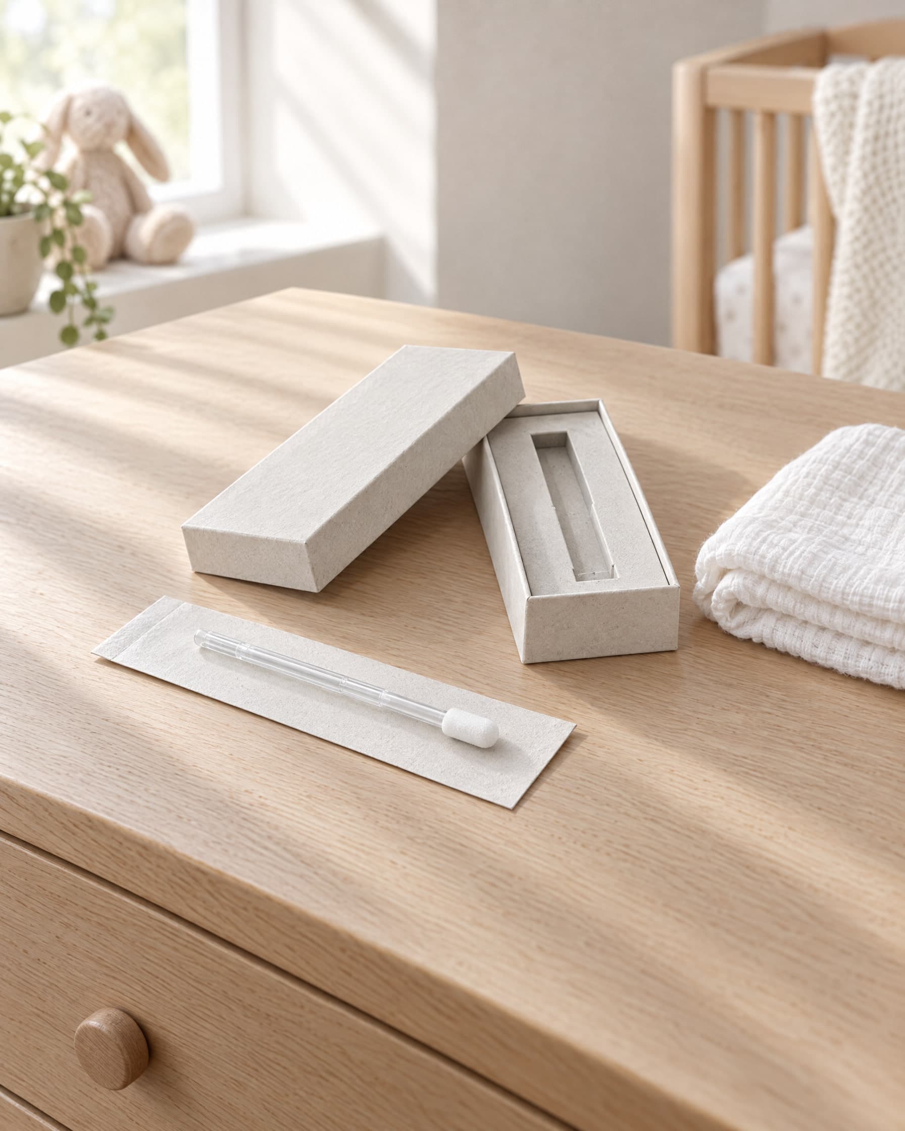 A foam-tipped swab on a paper card beside a plain kit box and its lid, on an oak chest of drawers in a nursery, a folded white muslin to one side.