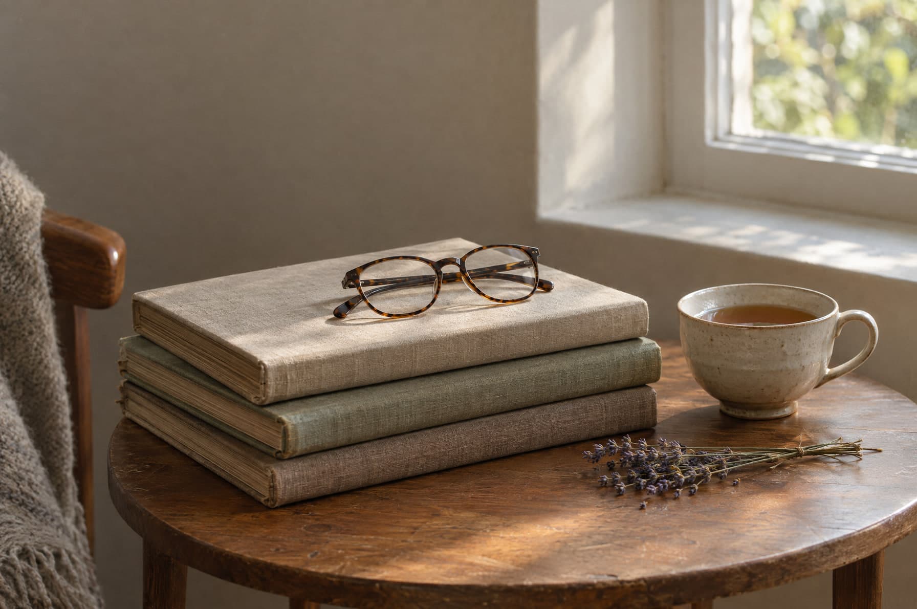 Three closed linen-bound albums stacked on a round wooden side table, tortoiseshell glasses on top, a cup of tea and a sprig of dried lavender beside them.