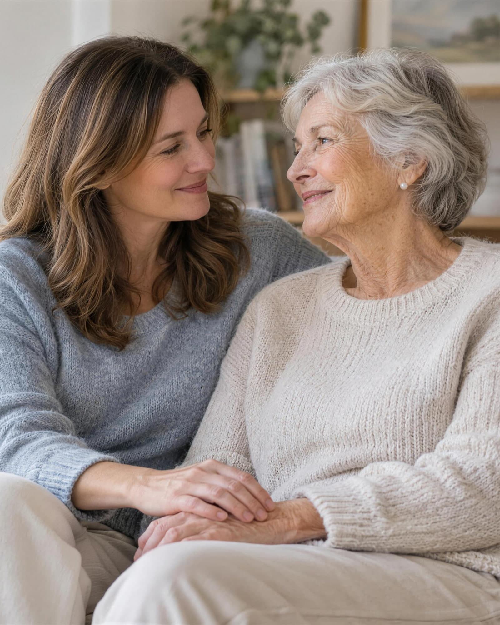 Two women, one visibly older, sitting close together on a sofa, smiling at each other with their hands clasped.