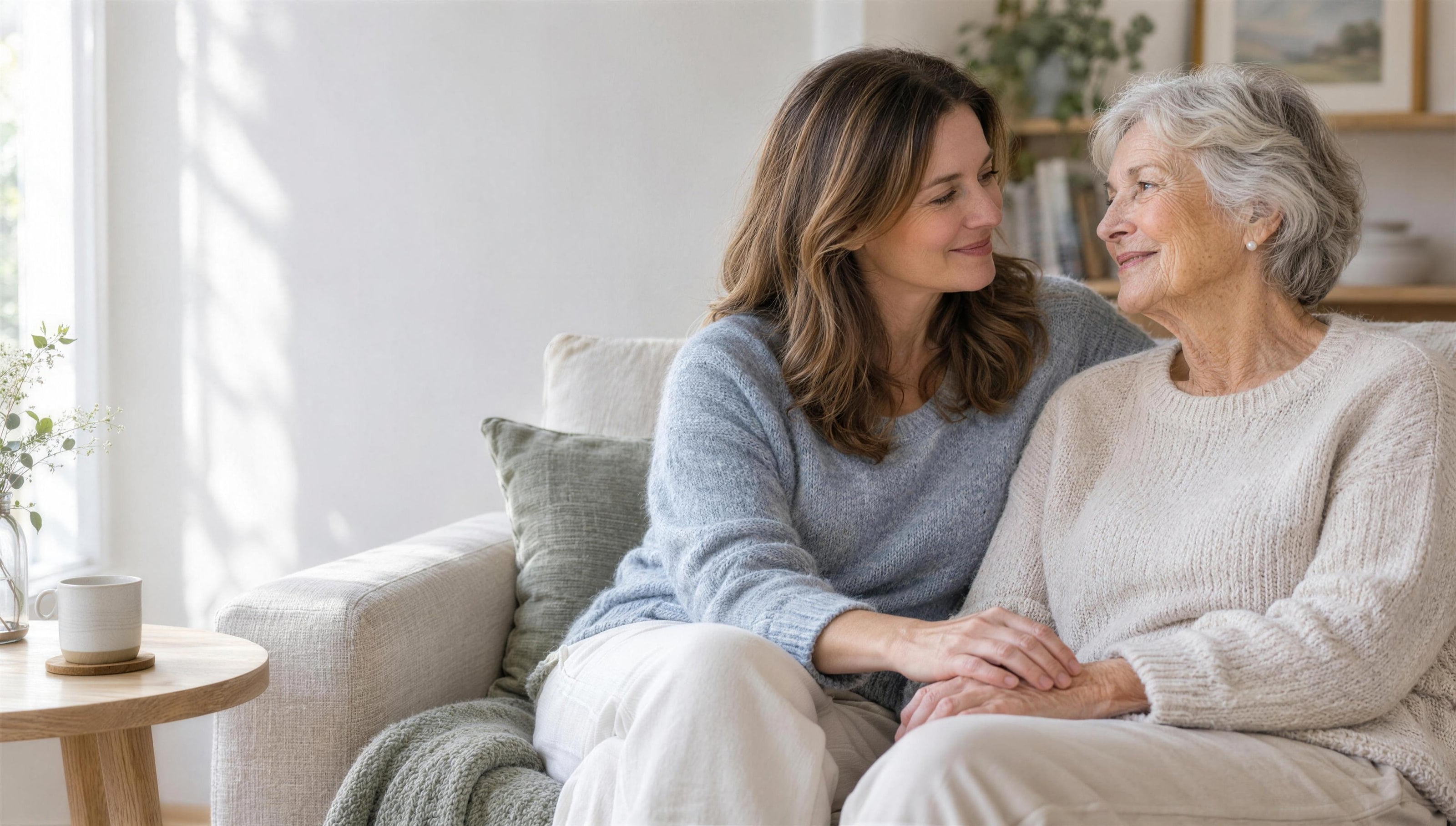 Two women, one visibly older, sitting close together on a sofa, smiling at each other with their hands clasped.