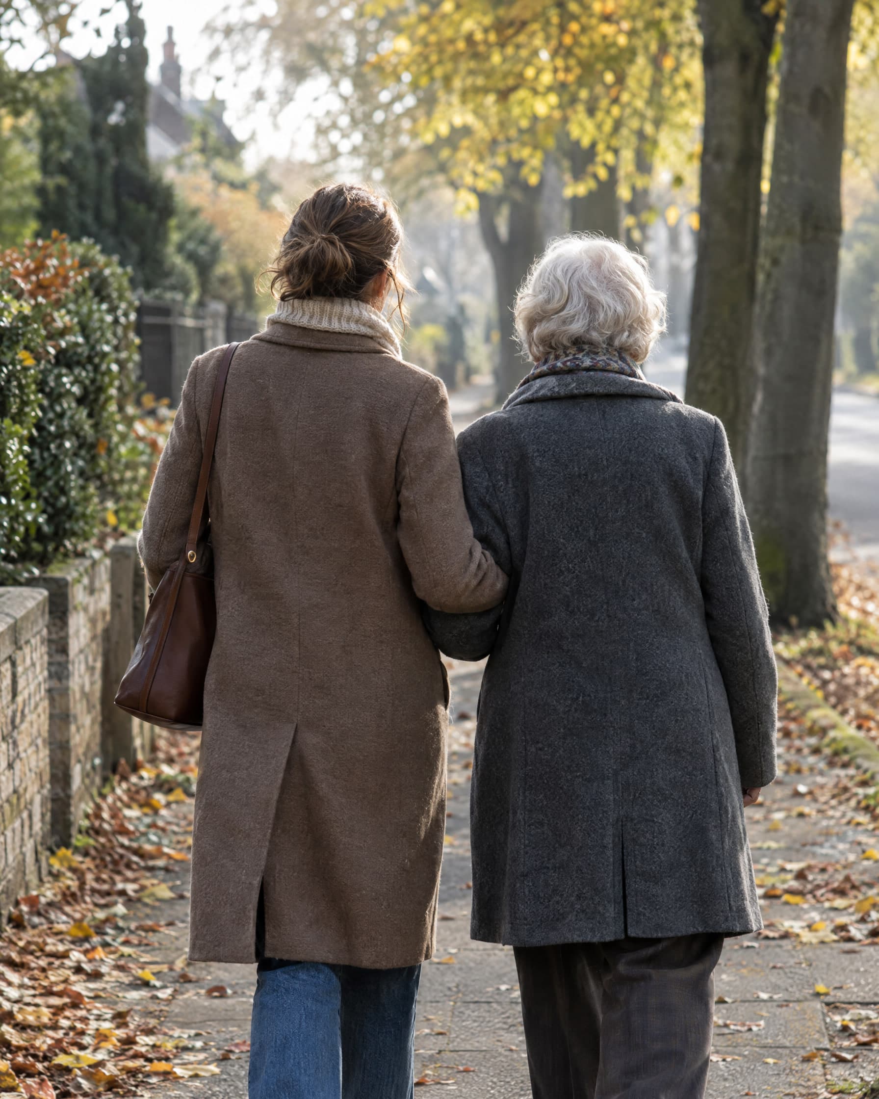 Two women, one visibly older, seen from behind, arm in arm along a tree-lined path scattered with autumn leaves.