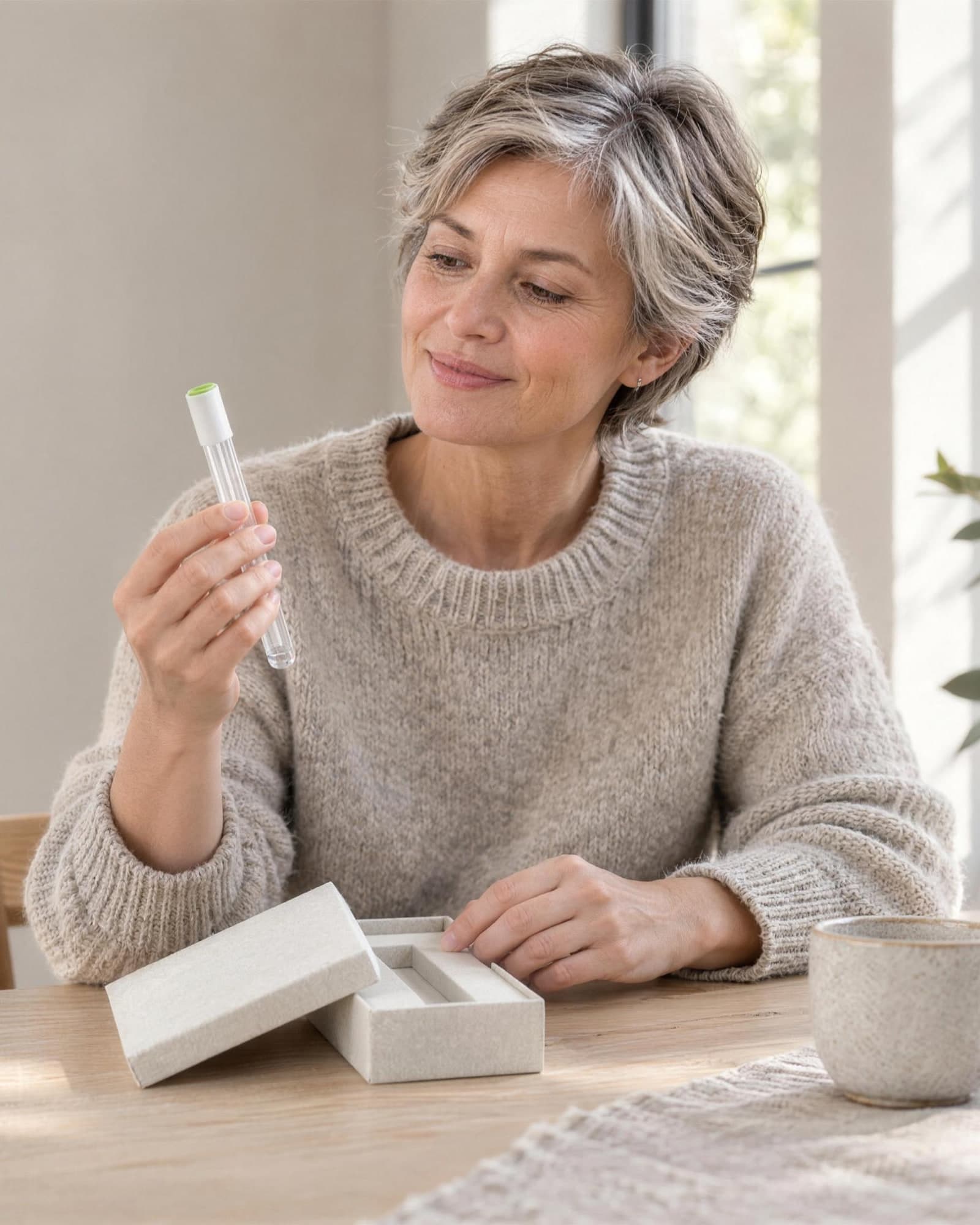 A woman at a table smiling as she inspects the collection tube, its open box beside her and a cup of coffee near her hand.