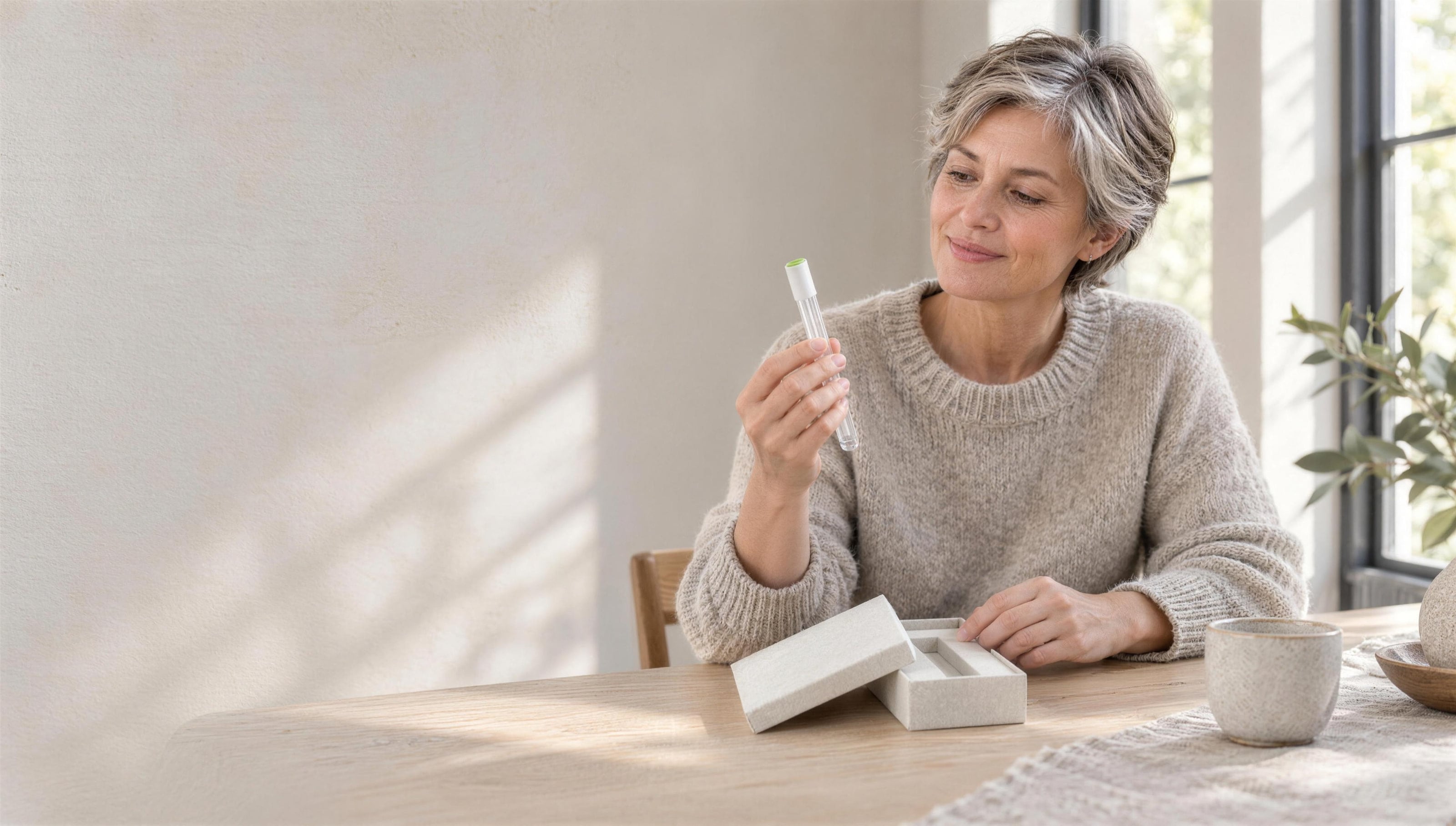 A woman at a table smiling as she inspects the collection tube, its open box beside her and a cup of coffee near her hand.