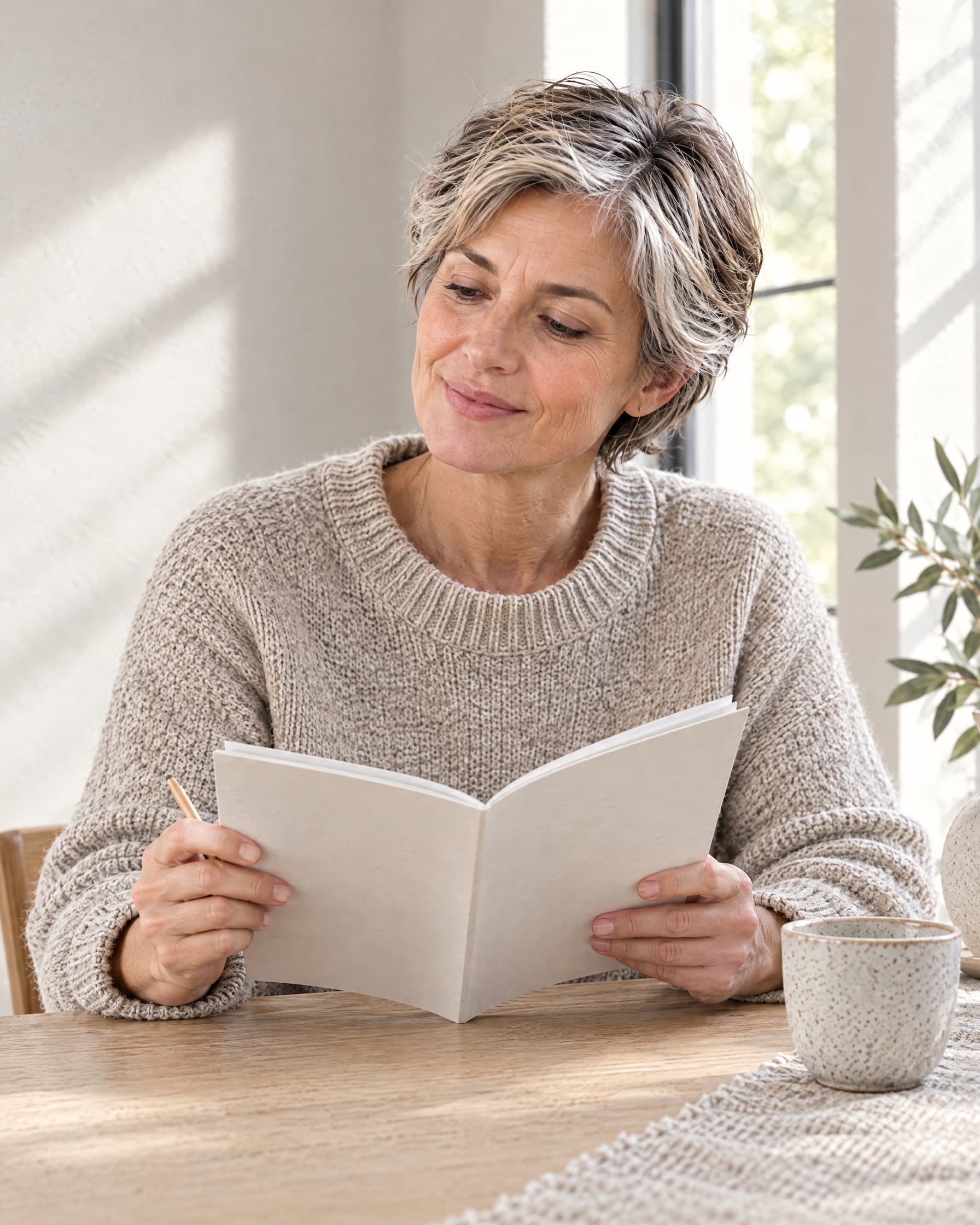 A woman with short grey hair at an oak table, holding open a bound report with blank pages and a pencil, looking up from it with a small smile.