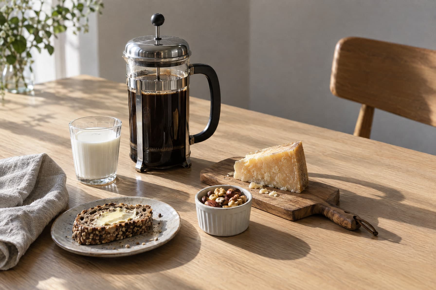 A French press of coffee, a glass of milk, a wedge of hard cheese on a board, a small bowl of nuts and a slice of buttered seeded bread on an oak table in morning sun.