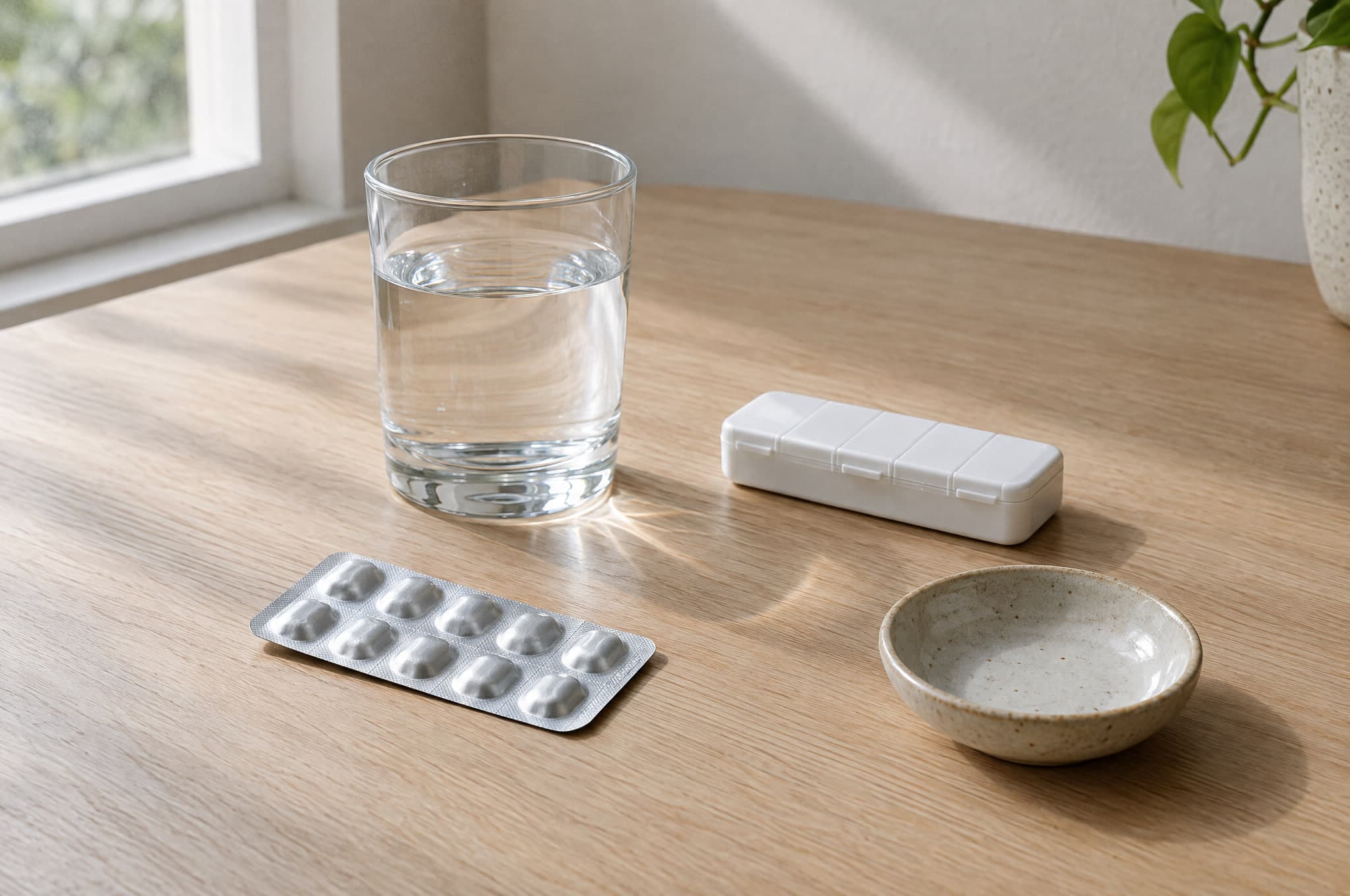 A glass of water, a closed weekly pill organizer, an empty blister pack and a small empty bowl on a table.