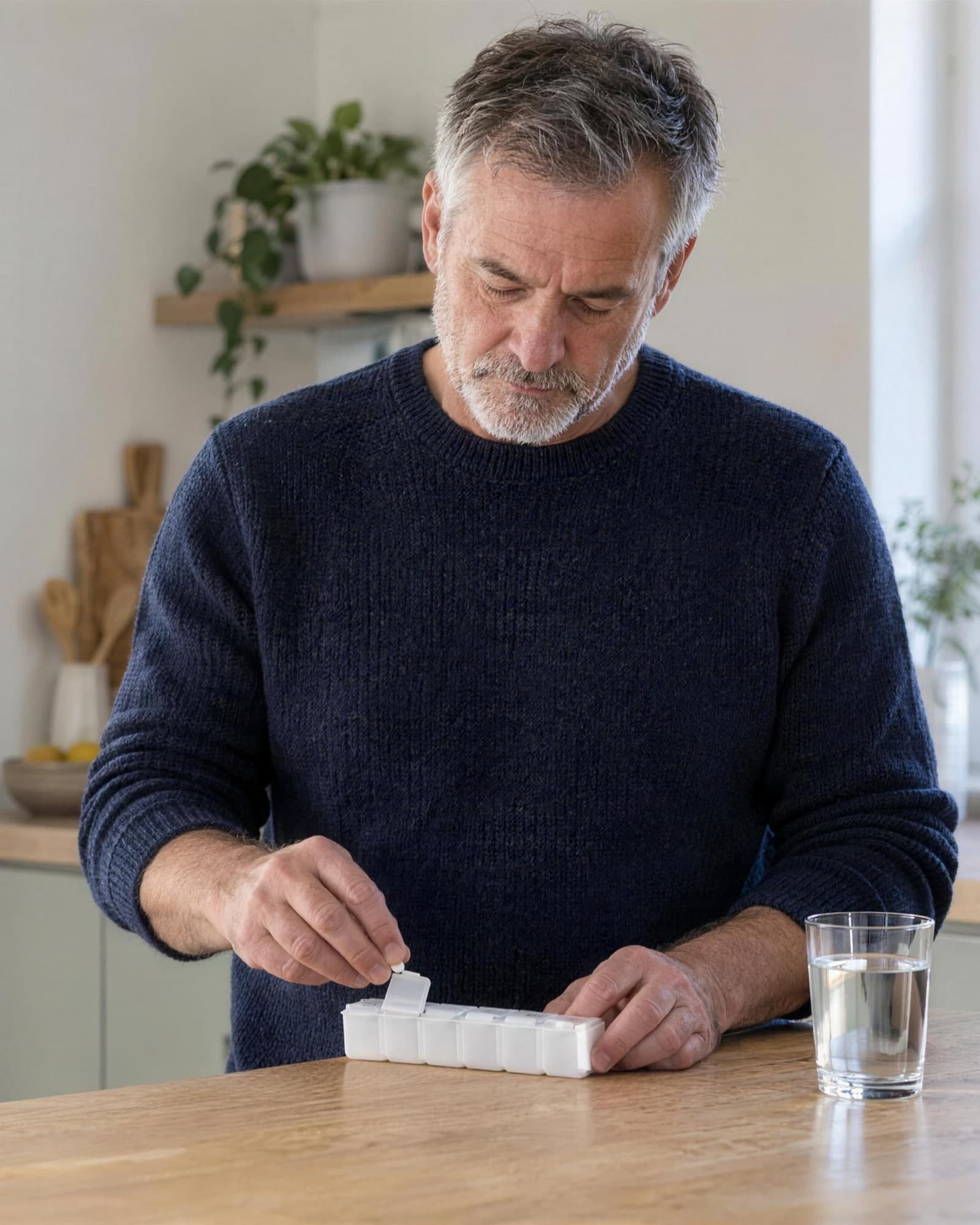 A man at a kitchen counter arranging a weekly pill organizer, a glass of water beside him.