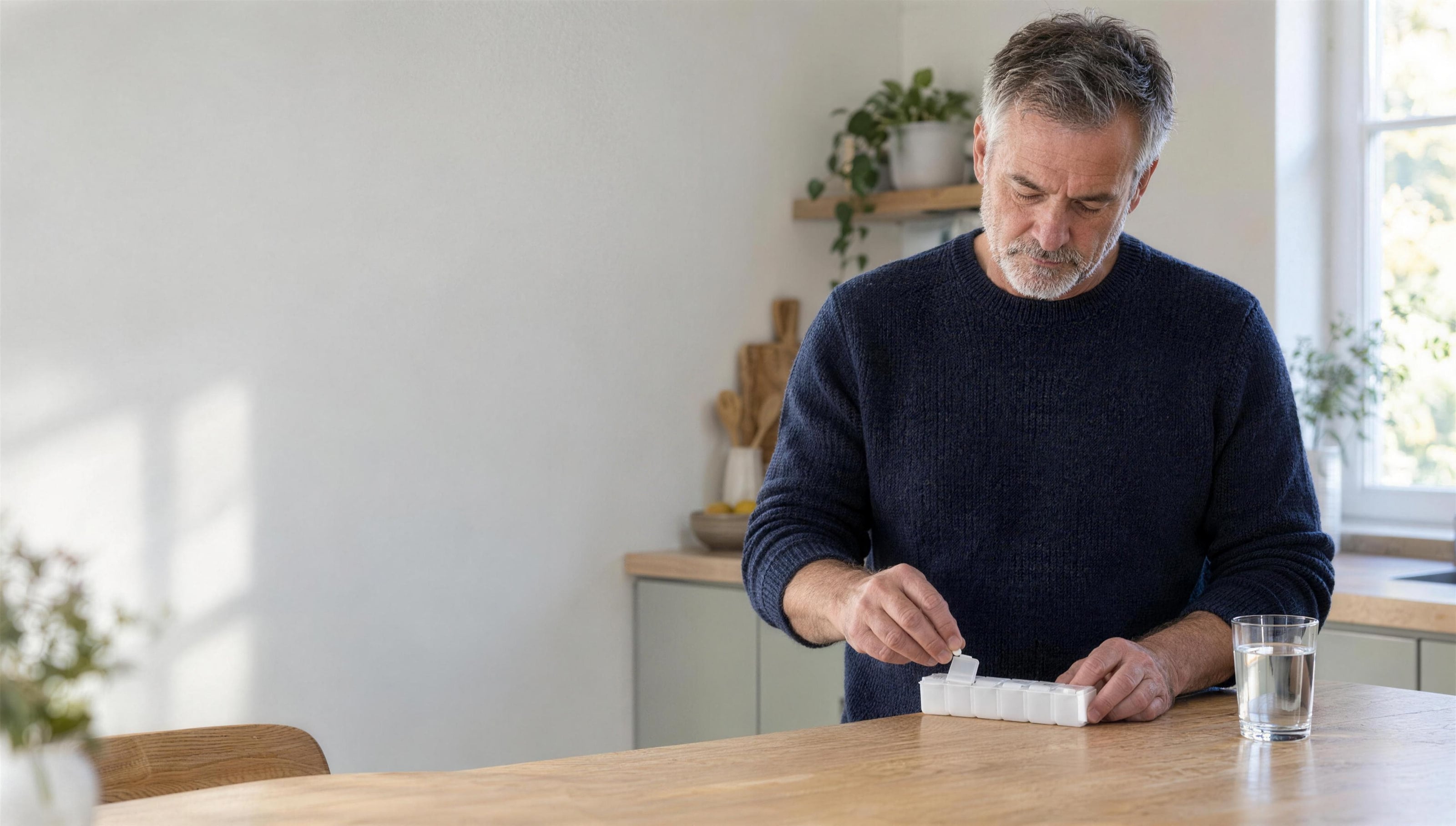 A man at a kitchen counter arranging a weekly pill organizer, a glass of water beside him.
