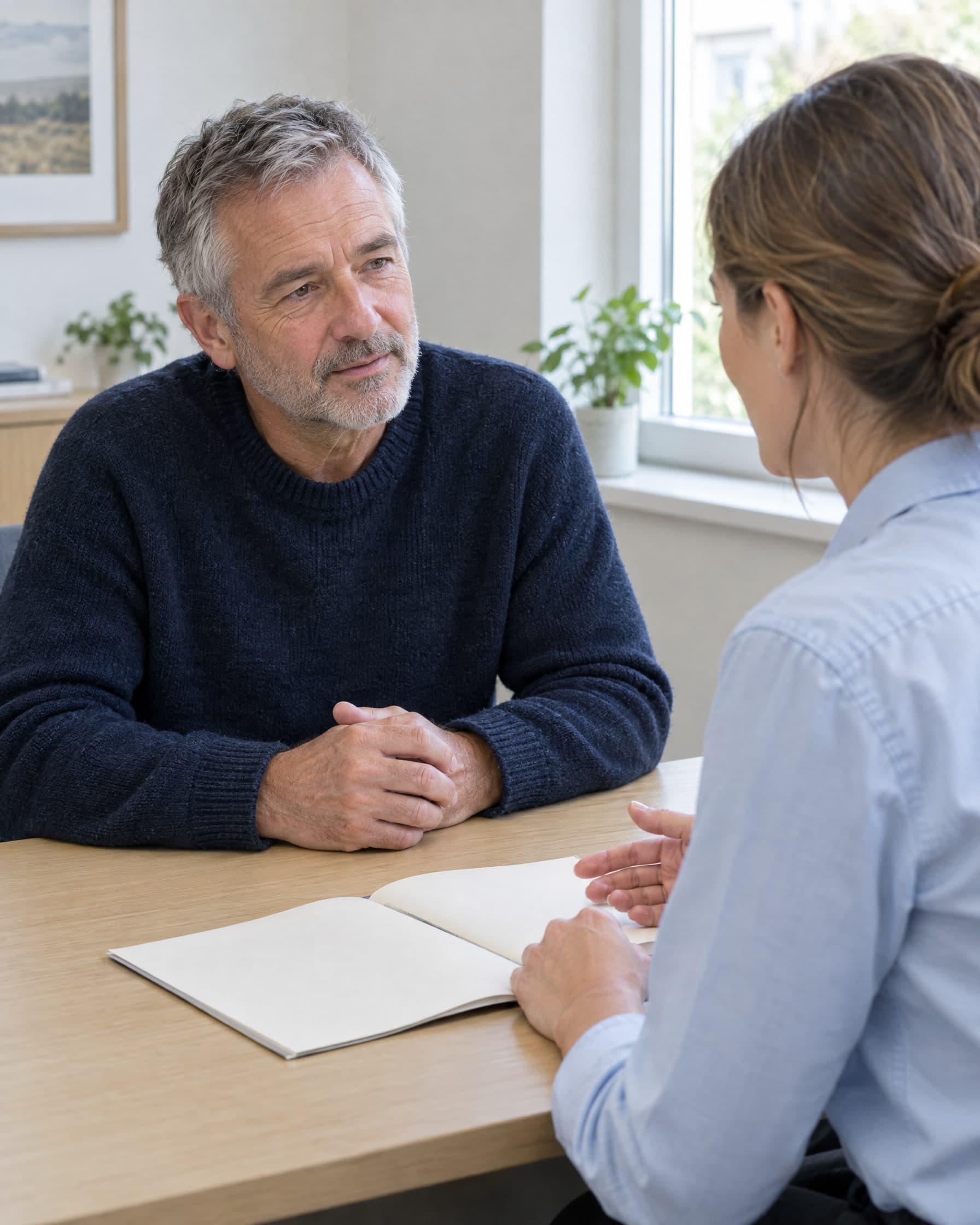 A man in a navy sweater listening across a desk to a clinician in a light-blue shirt, a bound report with blank pages open between them.