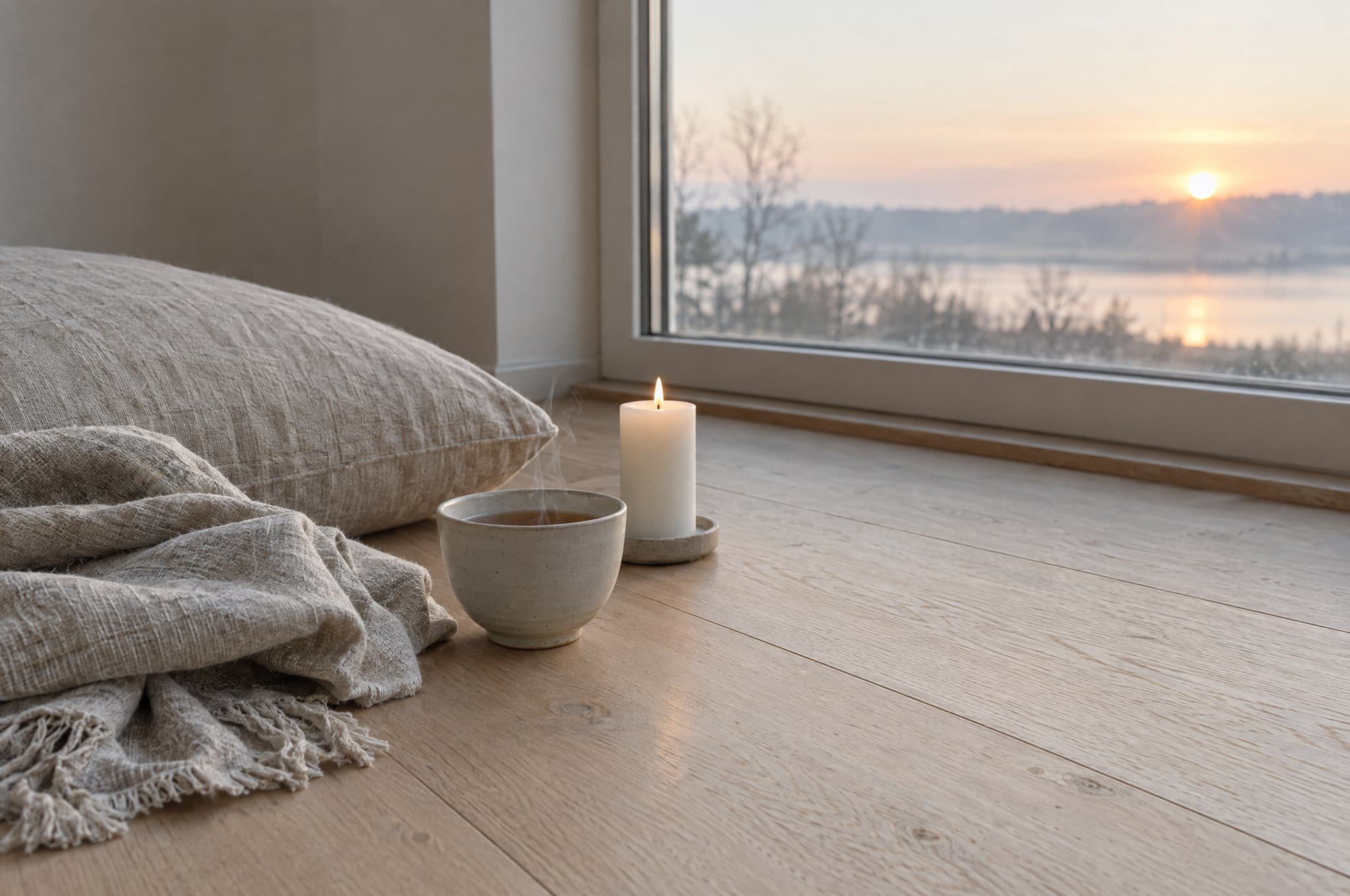 A steaming cup and a lit candle beside a folded throw on a wooden floor, a lake visible through the window at dusk.
