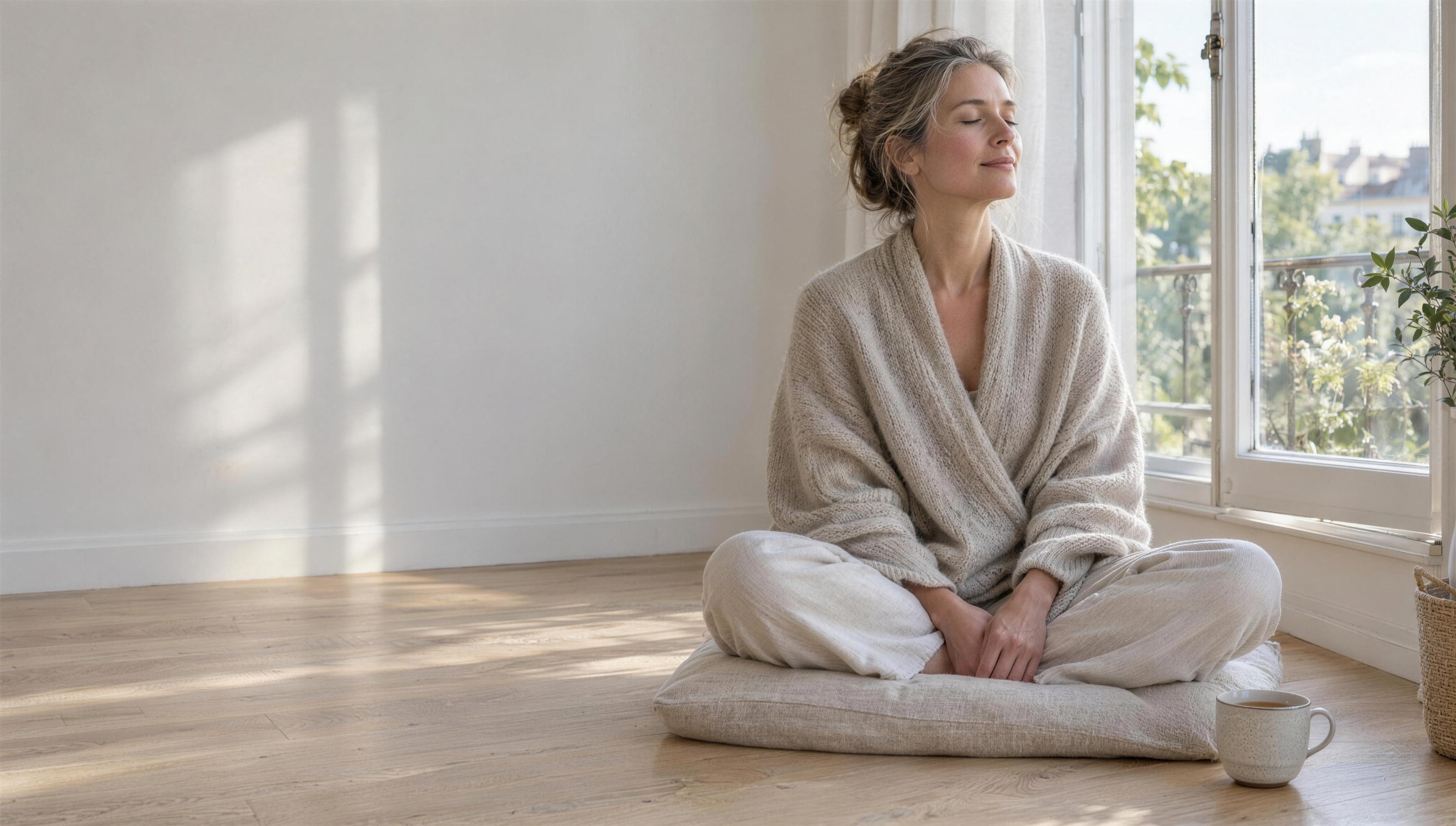A woman sitting cross-legged on the floor in soft daylight, eyes closed, a cup of tea beside her.