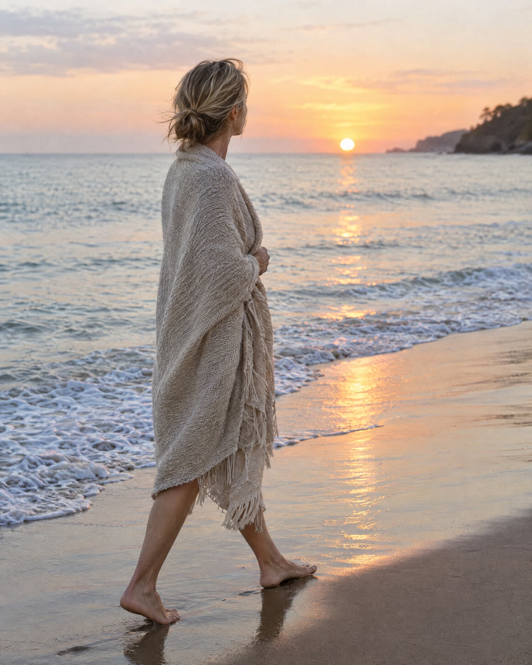 A woman in a woven wrap walking along the shoreline at sunset.