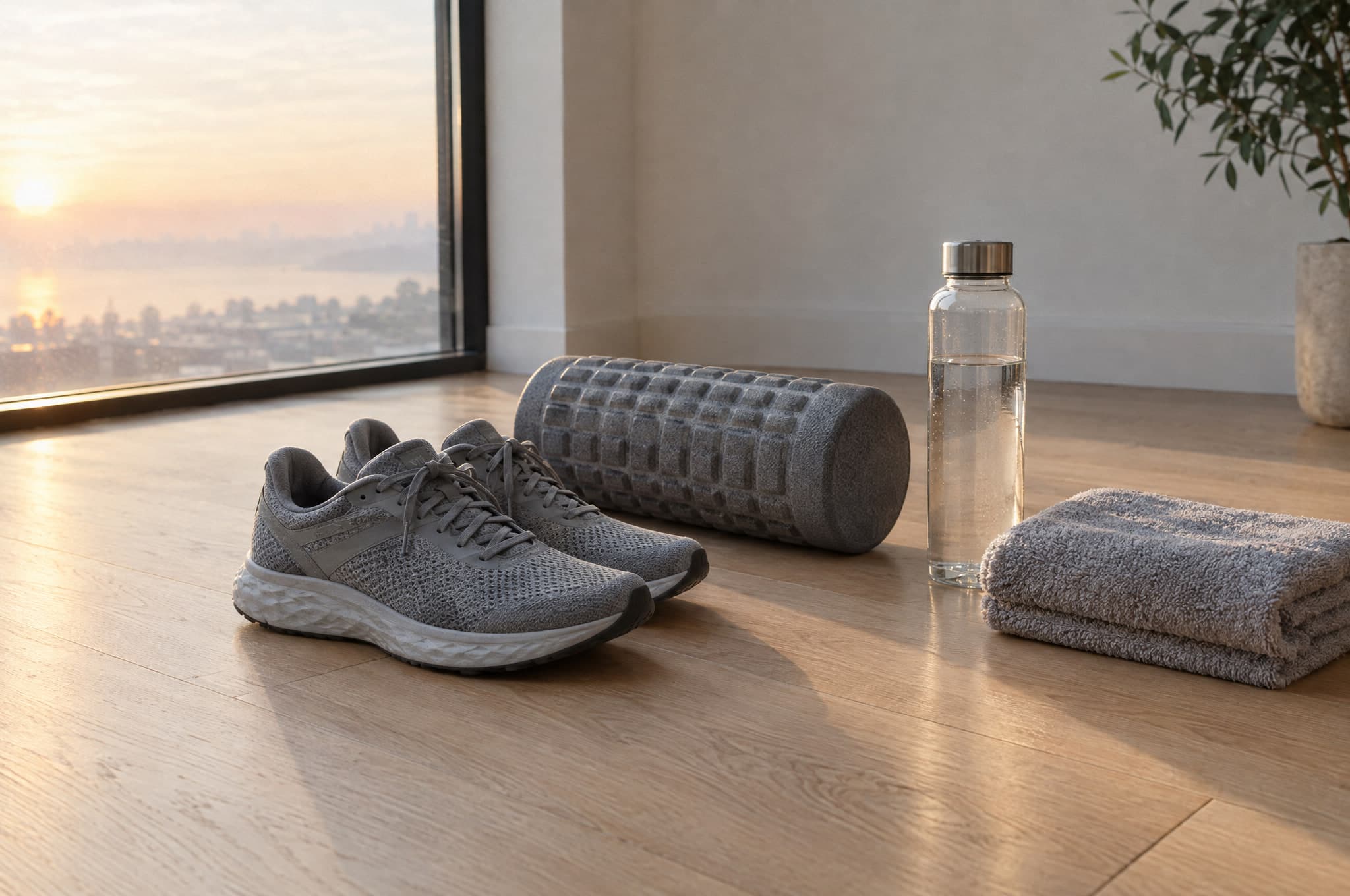 A pair of trainers, a foam roller, a water bottle and a folded towel on a floor by a window at sunrise.