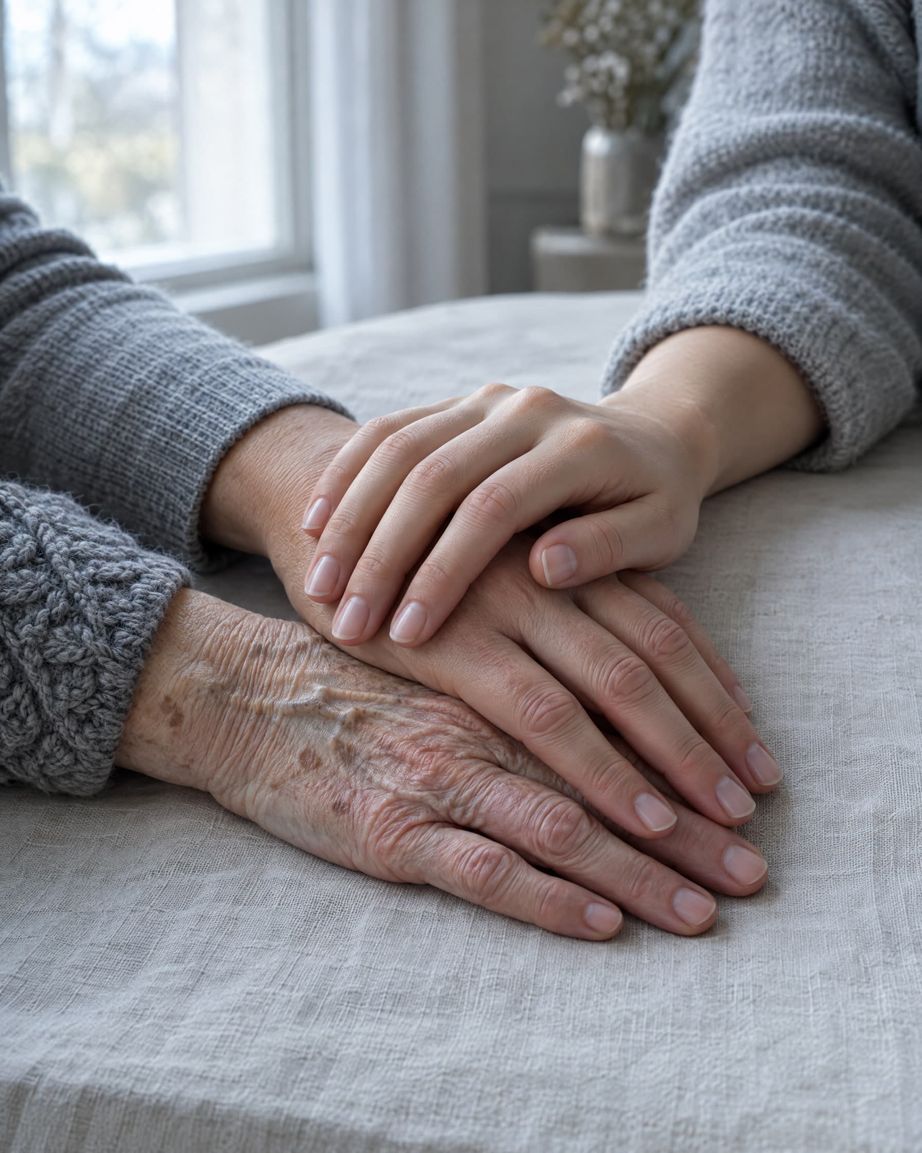 Three generations of women’s hands resting one on another on a linen tablecloth.