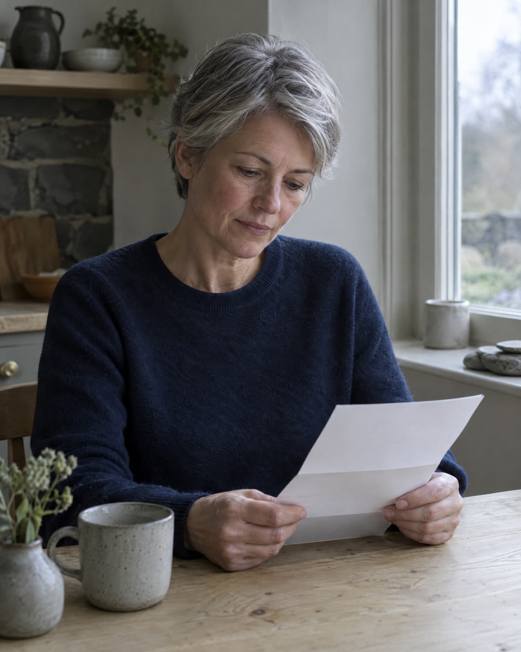 A woman in her fifties reading a letter at a kitchen table by a window.