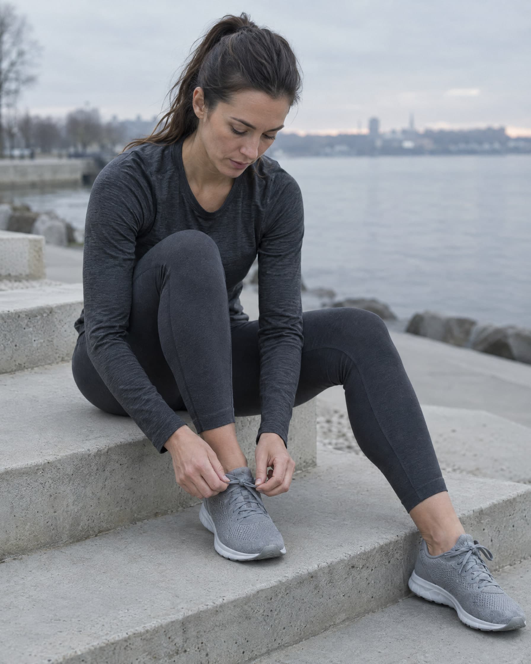 A woman lacing her running shoes on concrete steps by the water at dawn.