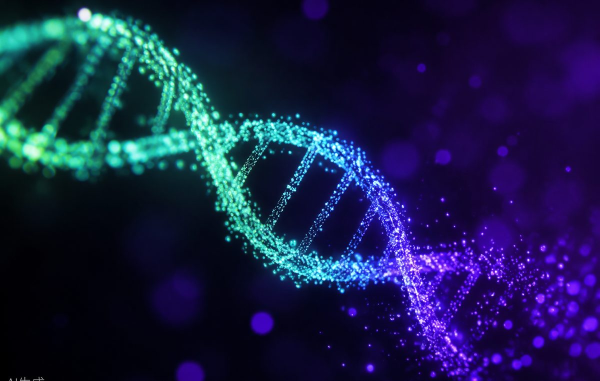 A DNA double helix rendered in mint and violet light
