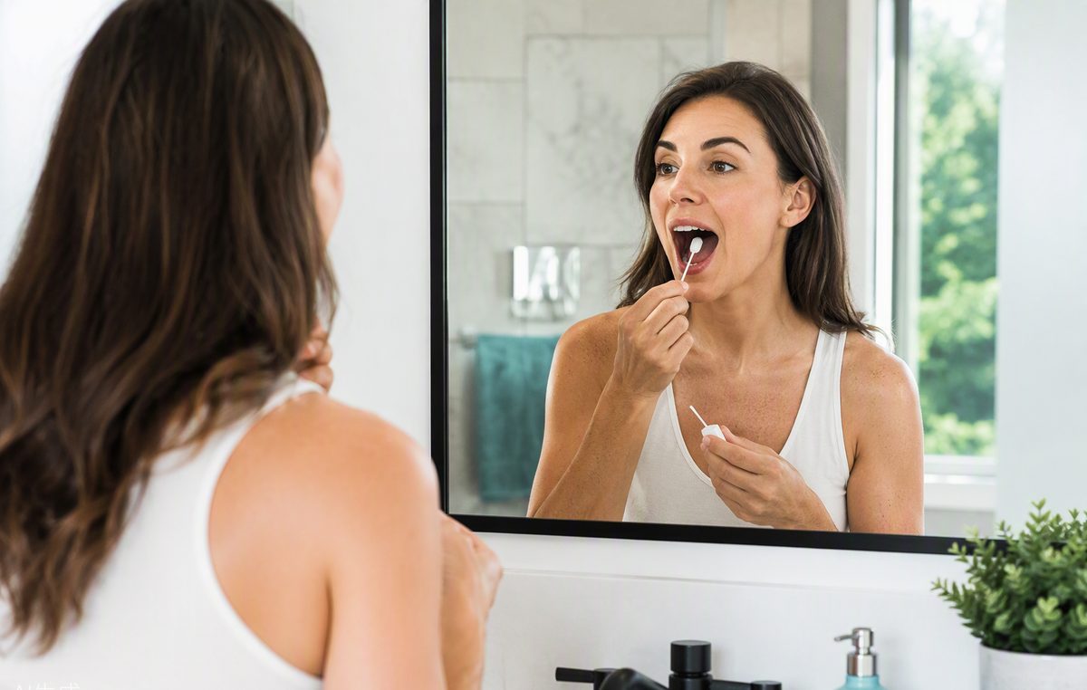 Person collecting their DNA sample with a painless cheek swab at home